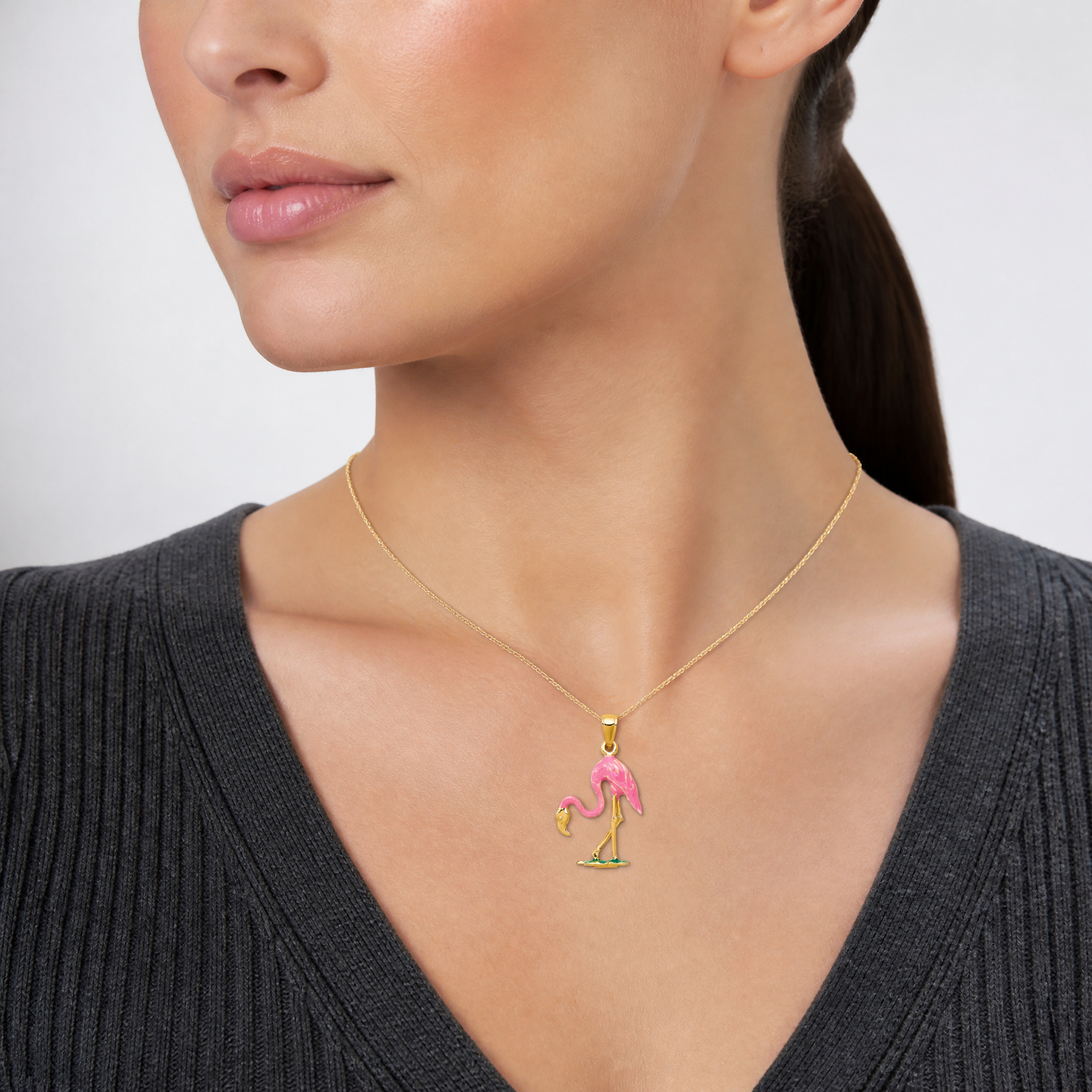 14k Enameled 3-D Pink Flamingo Pendant - Model Shot