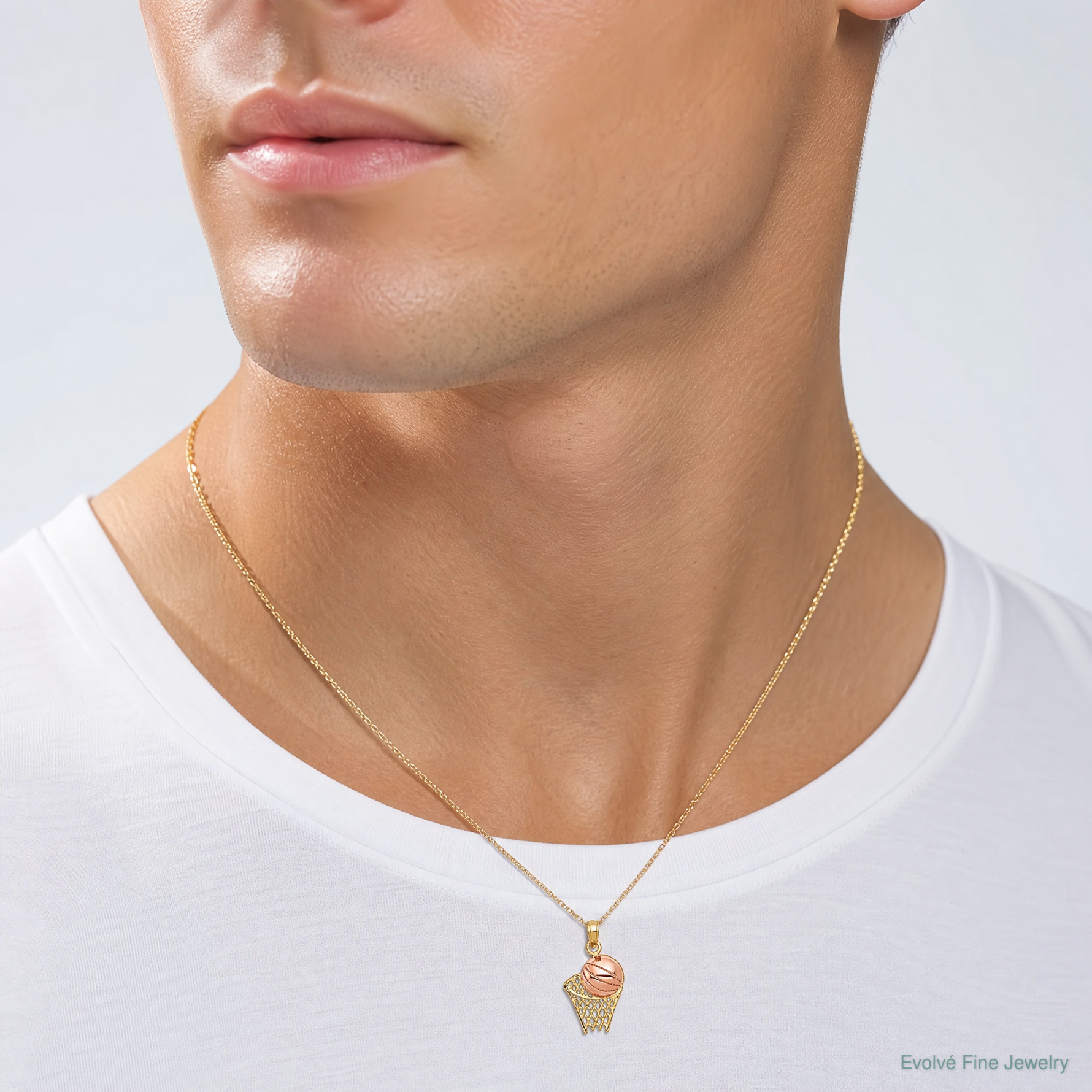 14k Two-tone Basketball Hoop with Ball Pendant - Model Shot