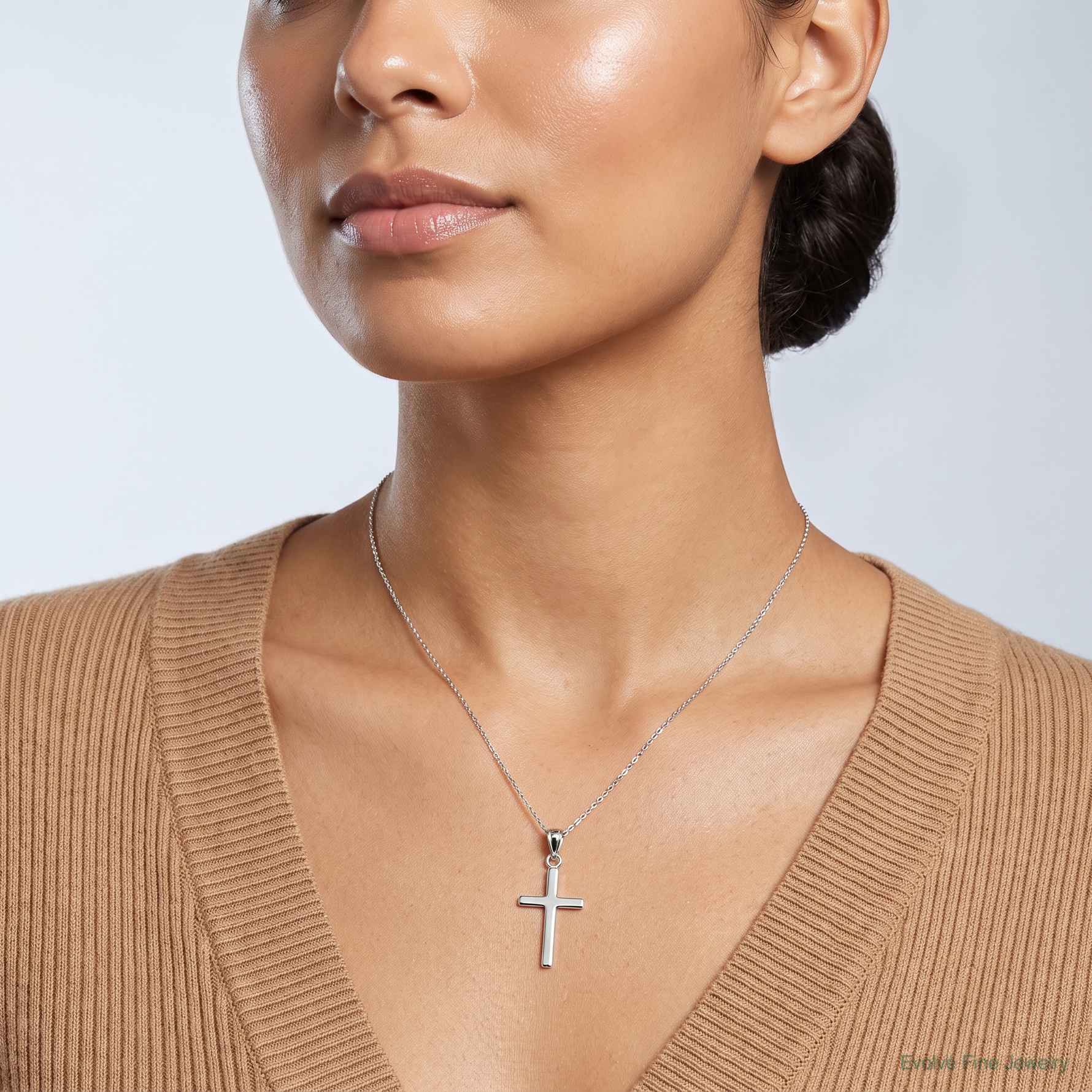 14k White Gold Polished Cross Pendant - Model Shot