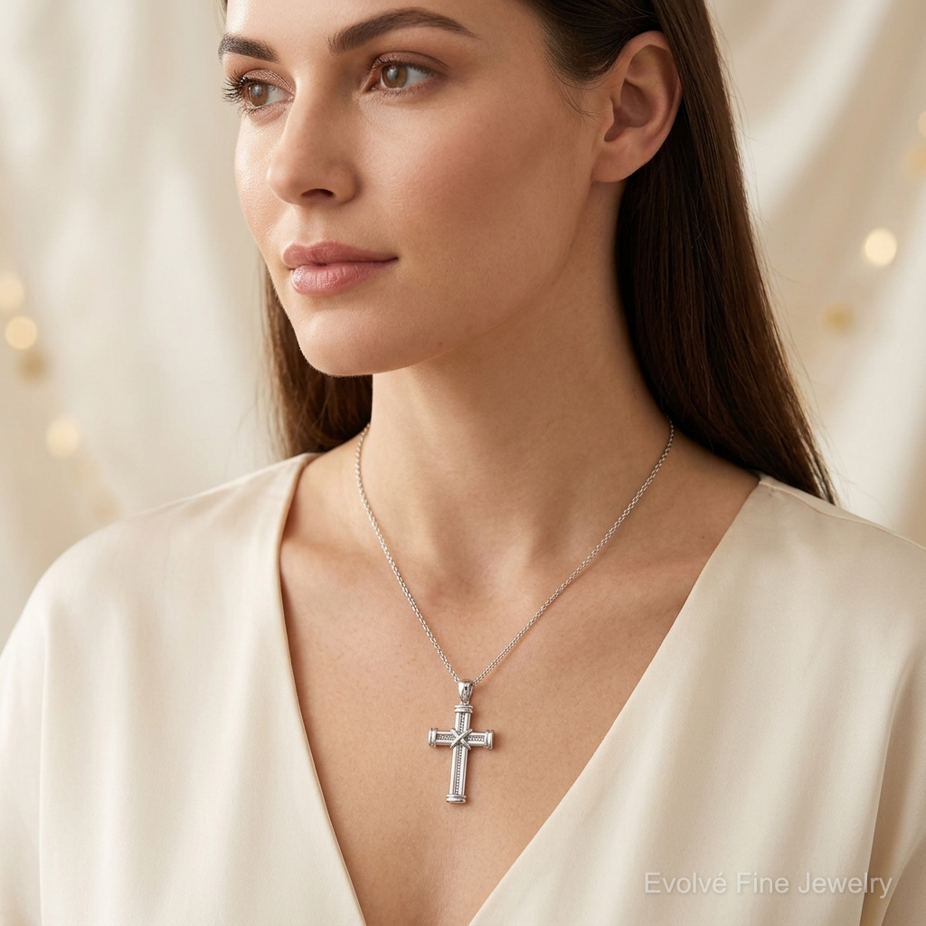 14k White Gold Latin Cross Pendant - Model Shot