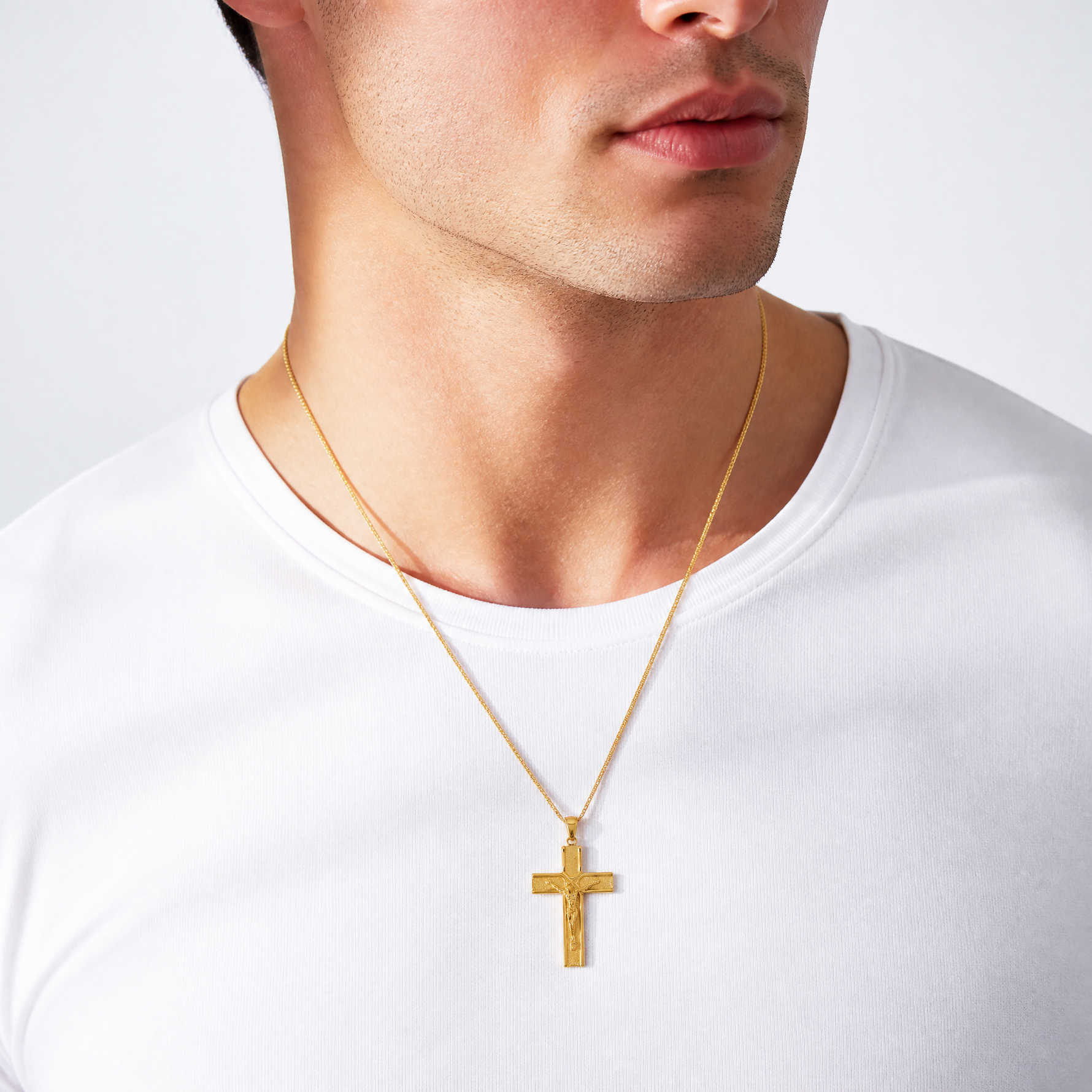 14k Satin Finish Crucifix Pendant - Model Shot