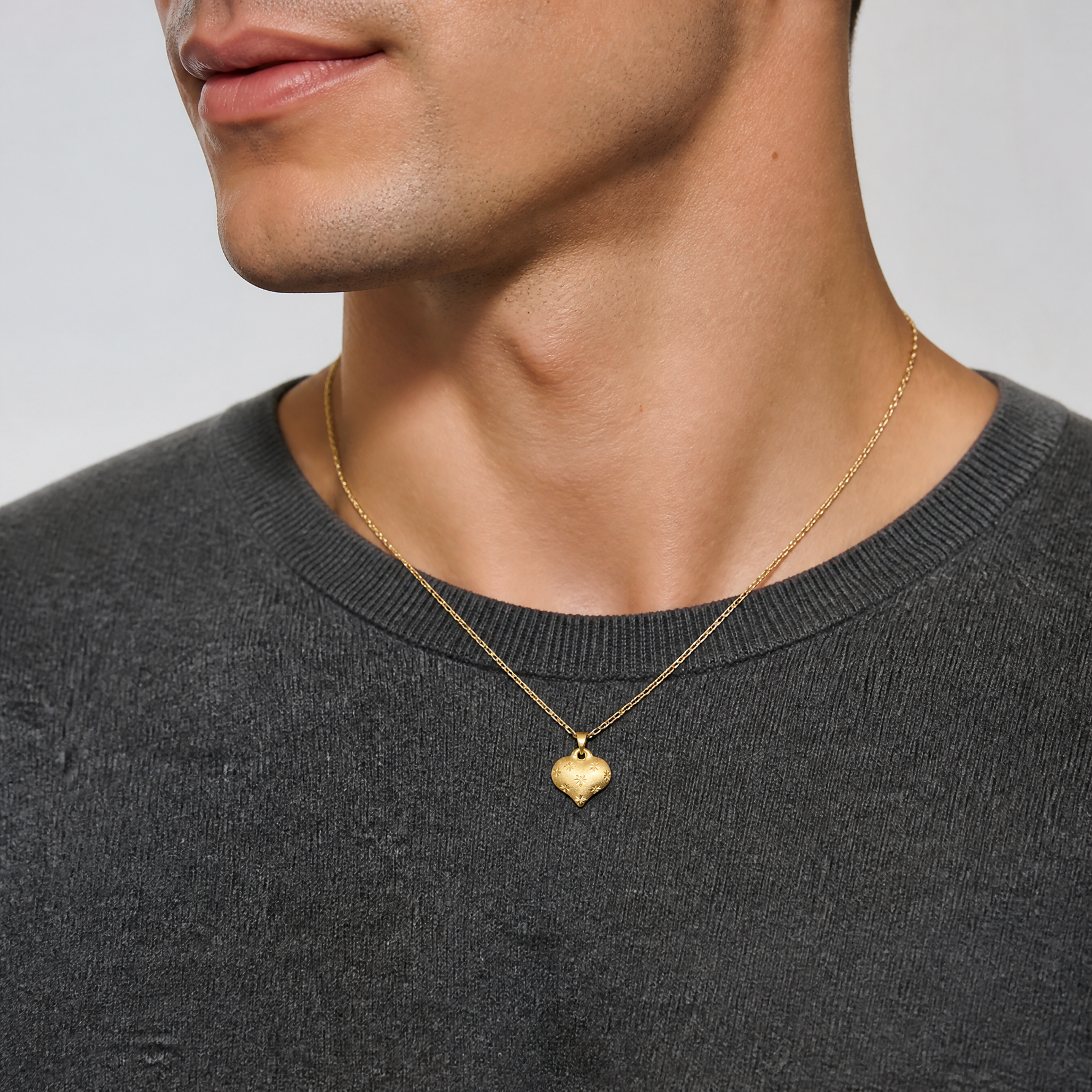 14K Polished and Satin Diamond-cut 3-D Puffed Heart Pendant - Model Shot