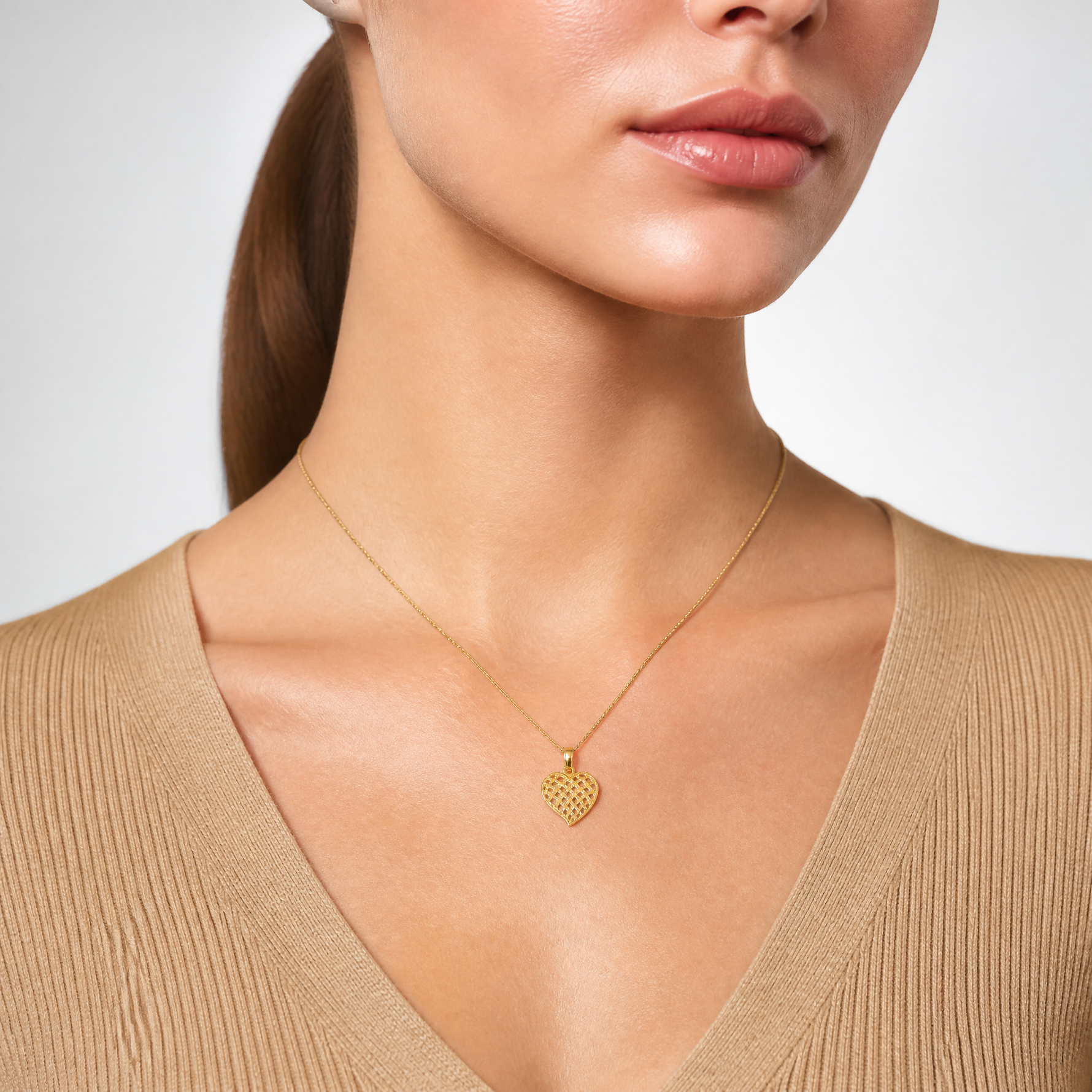 14K Polished Basket Weave Pattern Heart Pendant - Model Shot
