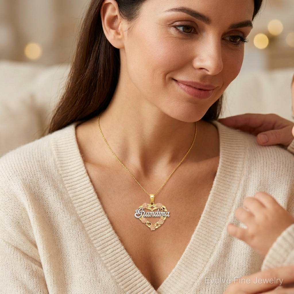 14k Two-tone w/White Rhodium GRANDMA Heart Pendant - Model Shot