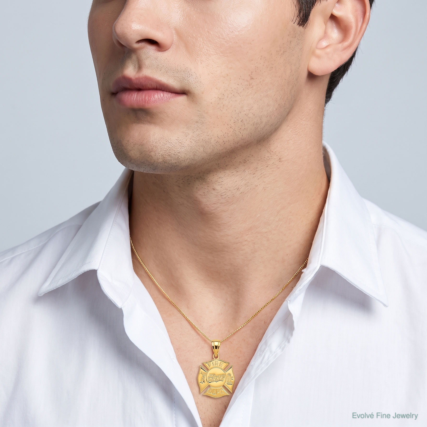 14k FIRE DEPT Shield Pendant - Model Shot