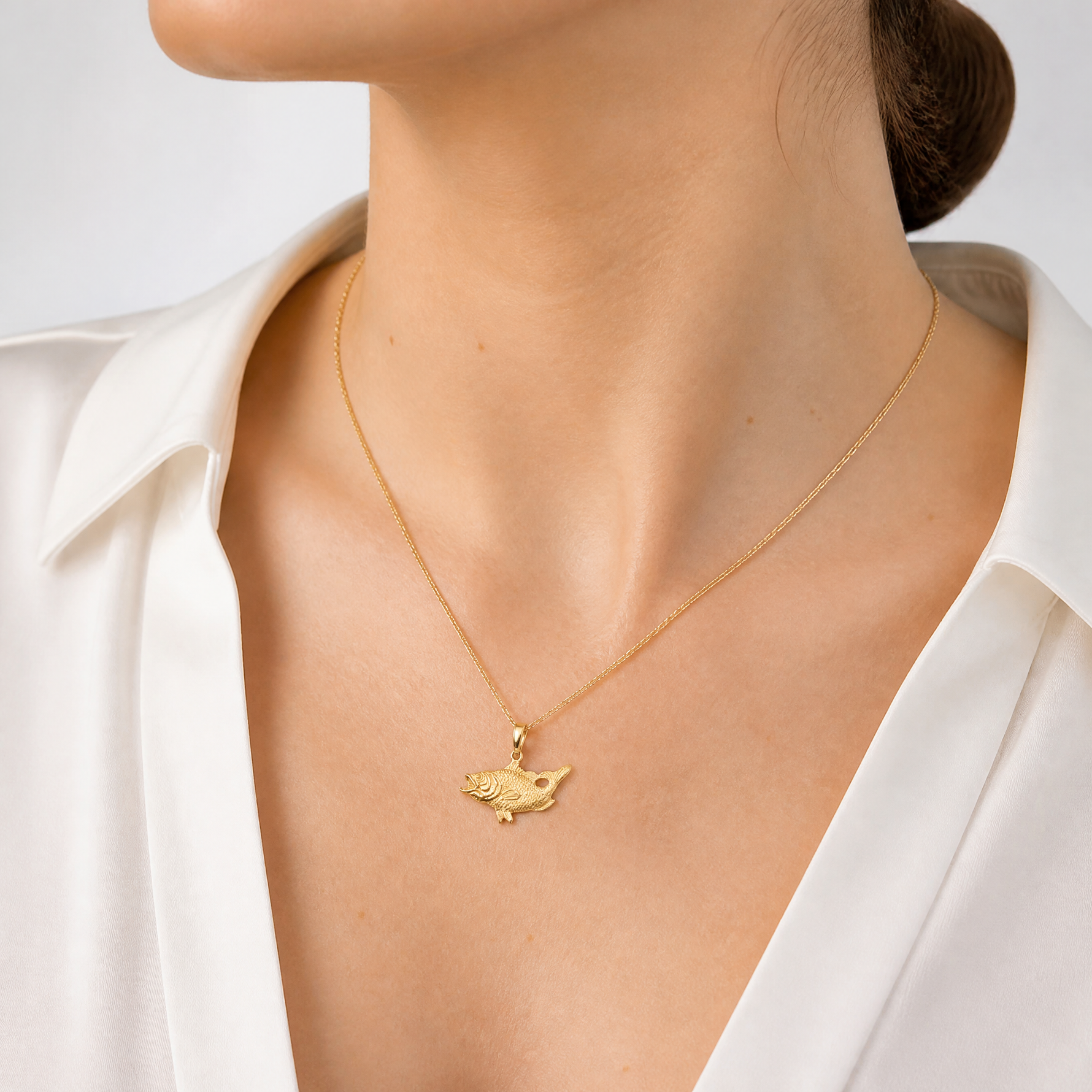14k Open Mouthed Bass Fish Pendant - Model Shot