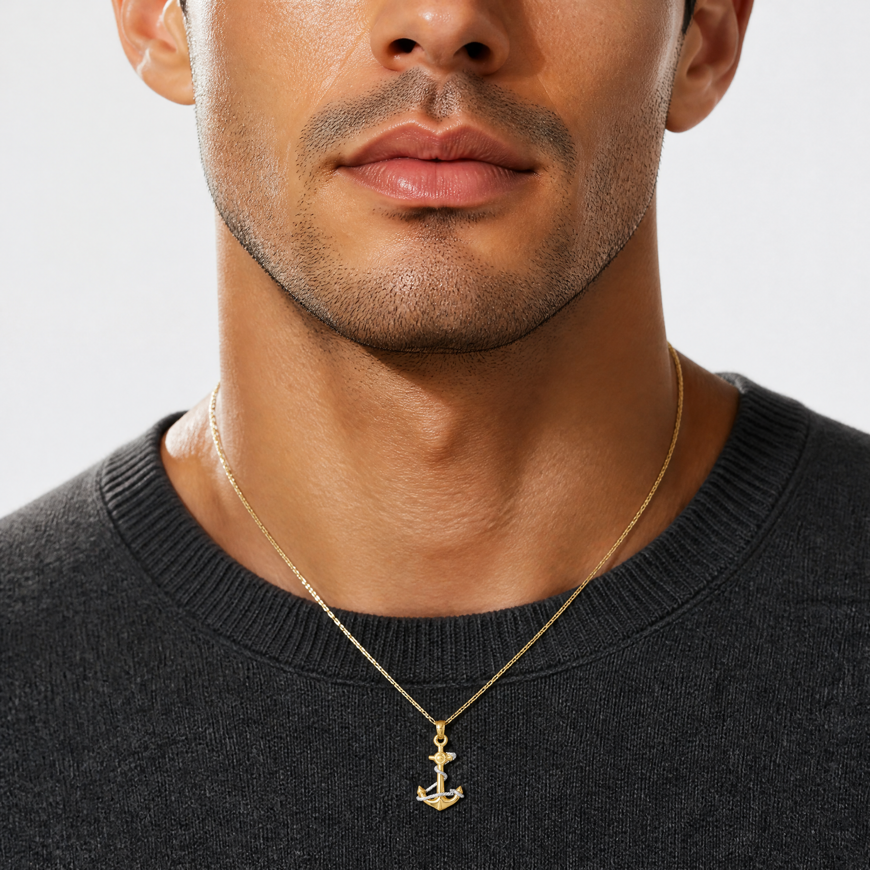 14K Two-Tone 3D Anchor W/Rope Pendant - Model Shot