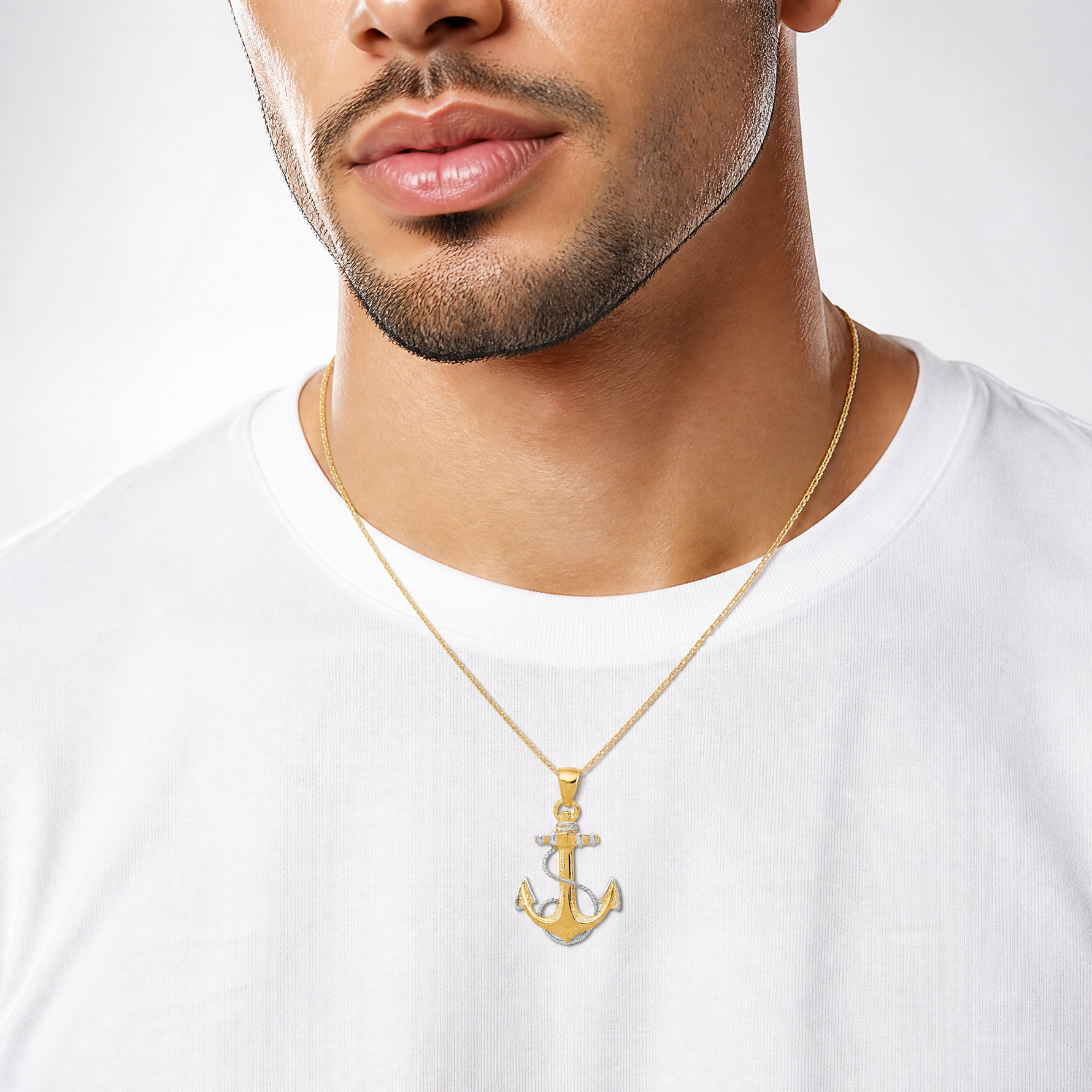 14K w/ Rhodium Anchor W/Rope Pendant - Model Shot