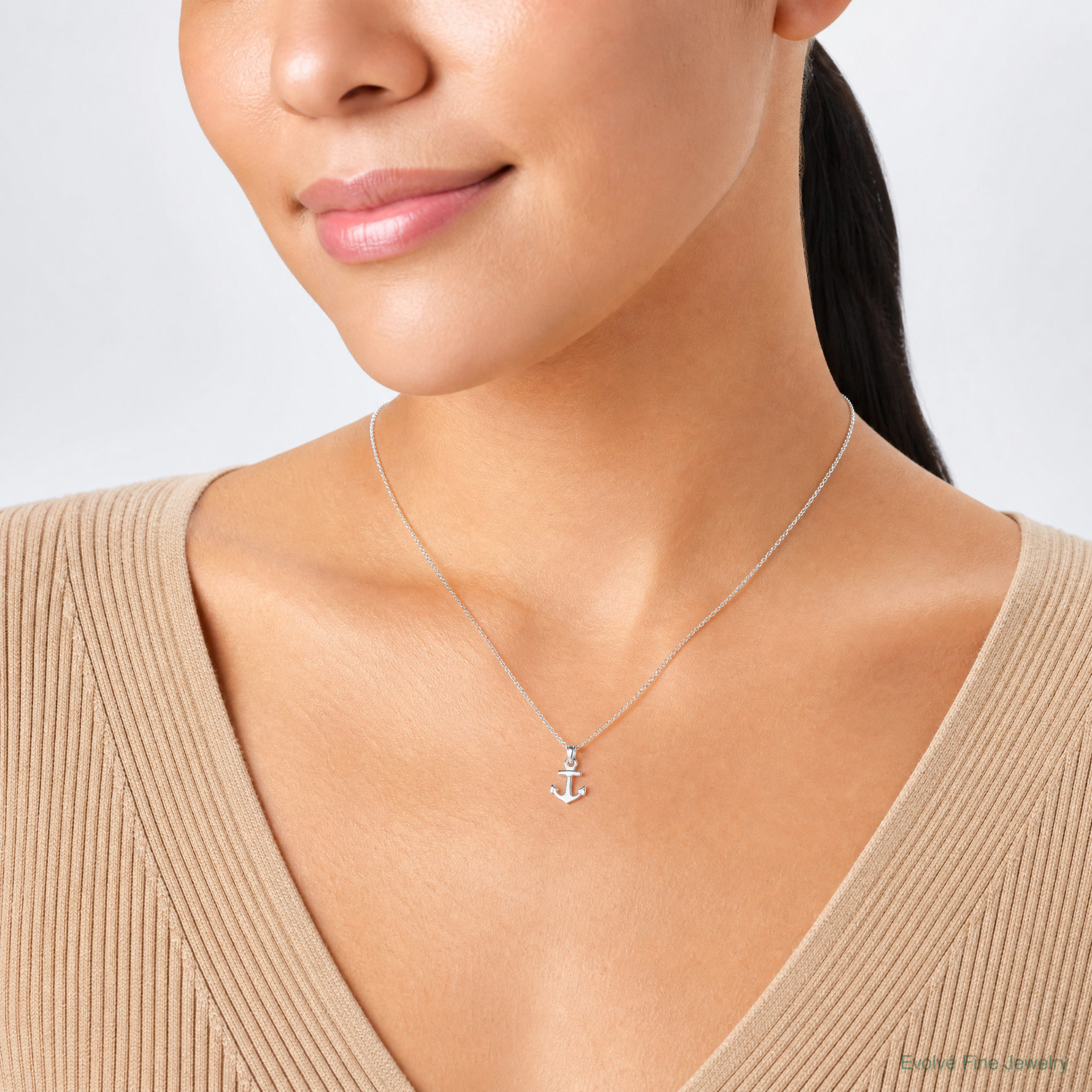 14k White Gold Mini Anchor Pendant - Model Shot