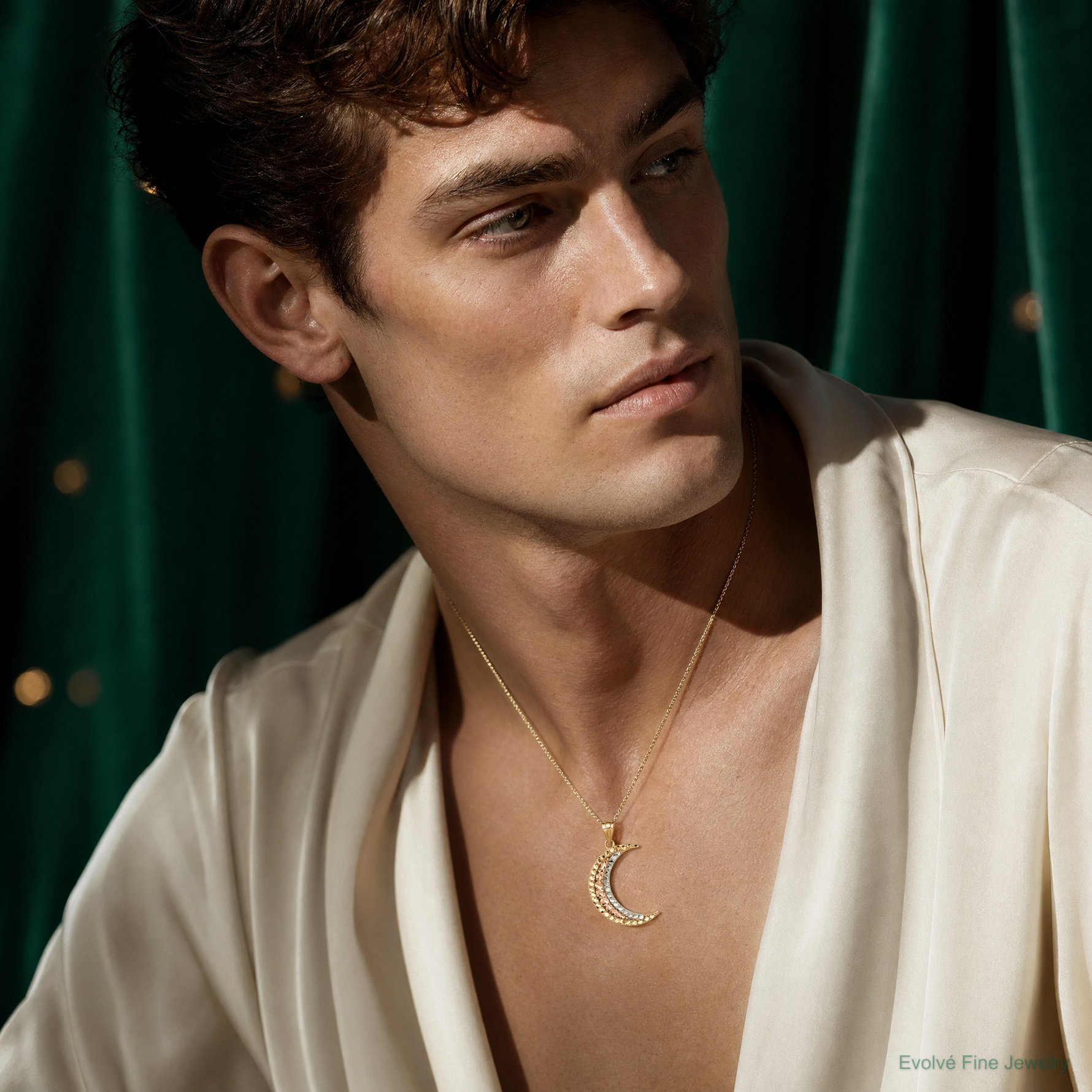 14K Two-tone w/White Rhodium Diamond-cut Moon Pendant - Model Shot