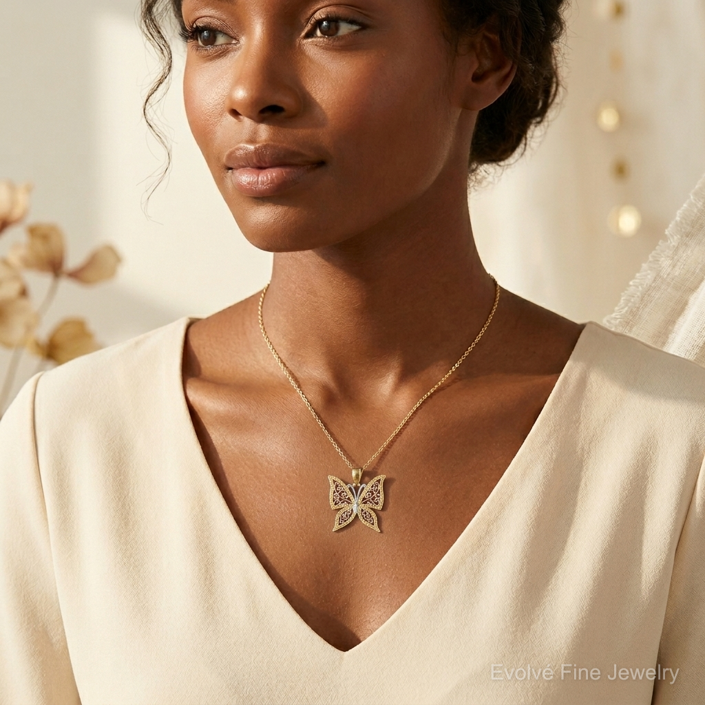 14k Two-tone w/White Rhodium Diamond-cut Butterfly Pendant - Model Shot
