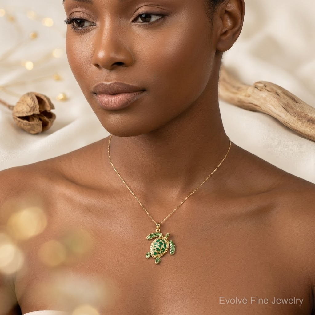 14k 3-D Enameled Sea Turtle Pendant - Model Shot