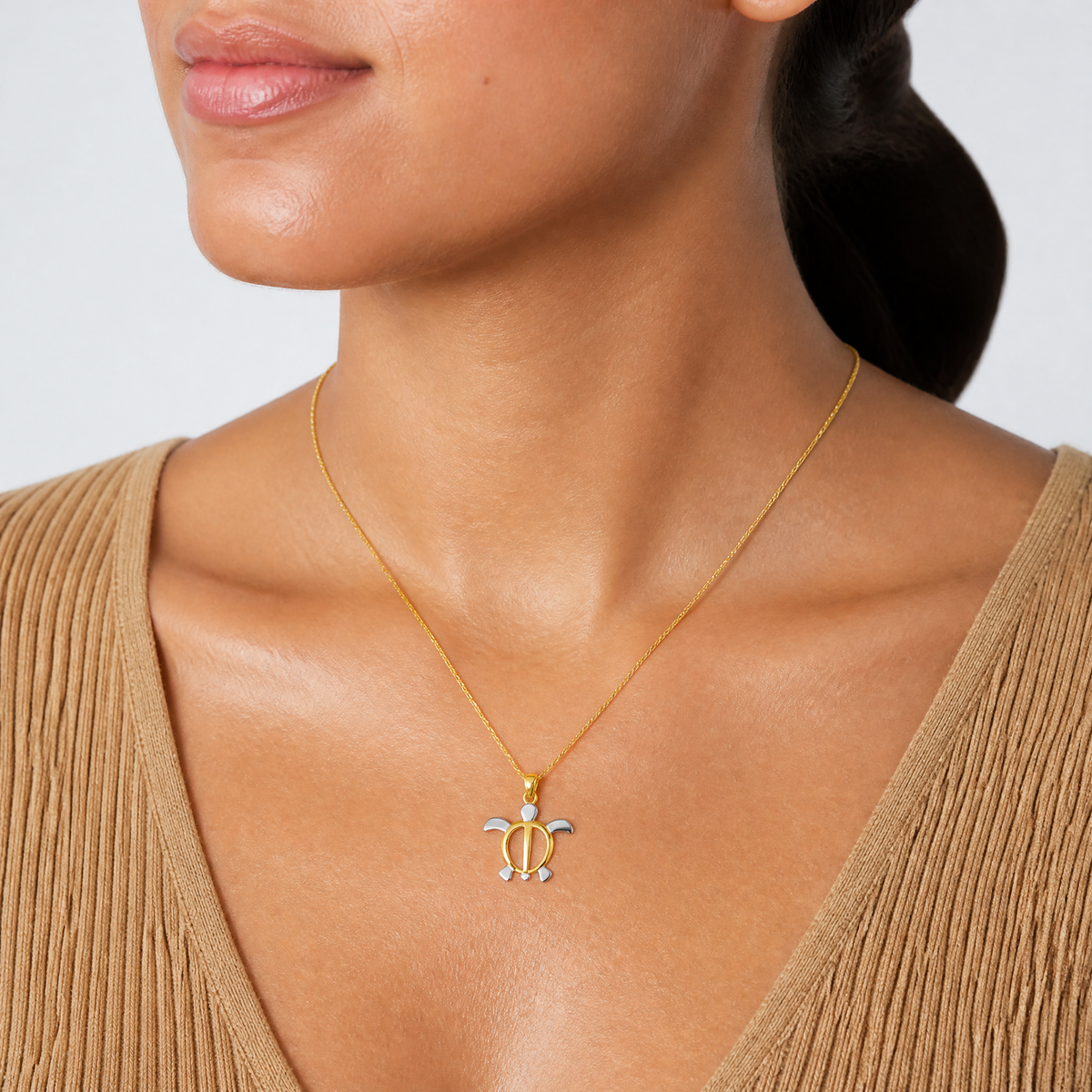 14K and Rhodium Sea Turtle Pendant - Model Shot