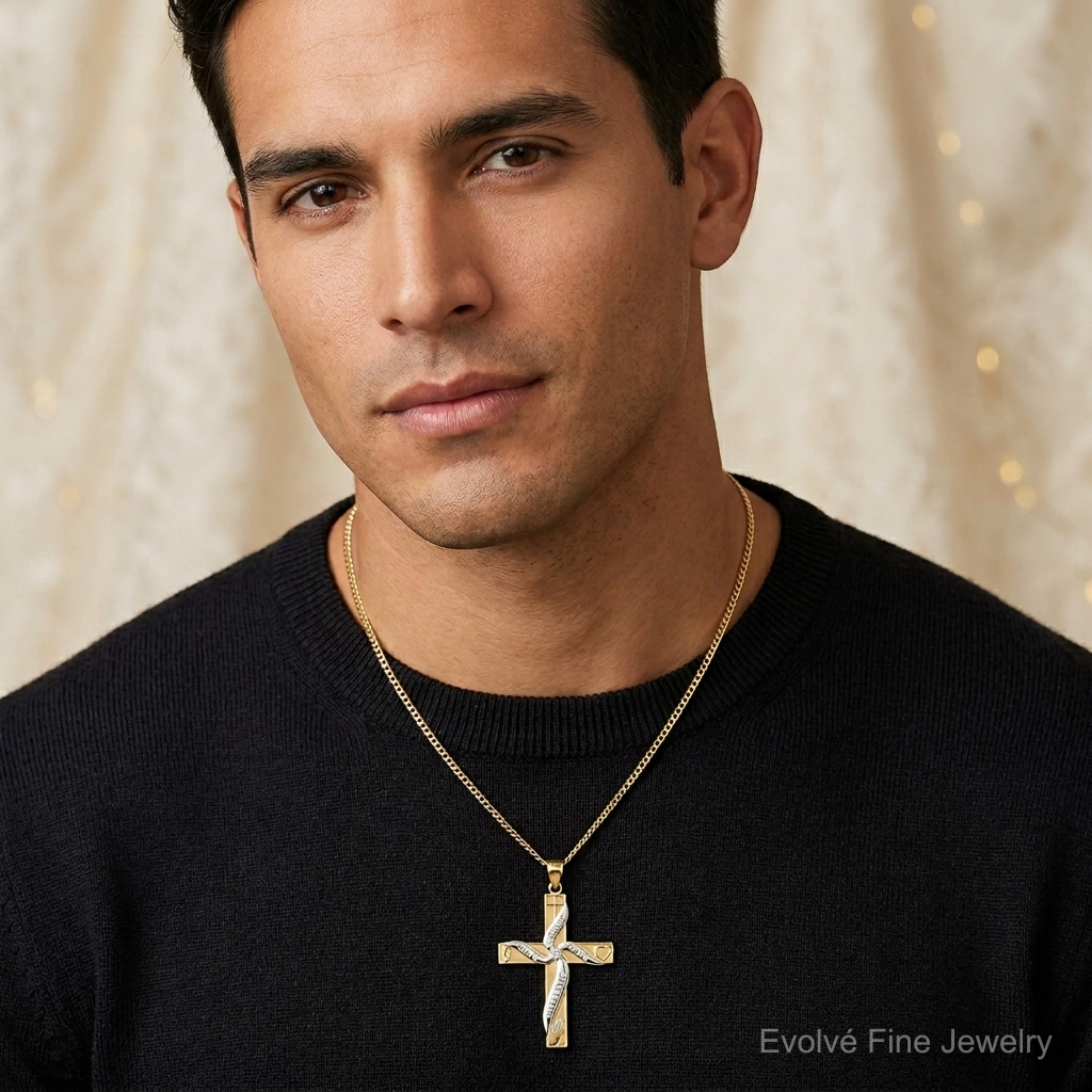 14K w/Rhodium HOPE FAITH LOVE BELIEVE Cross Pendant - Model Shot