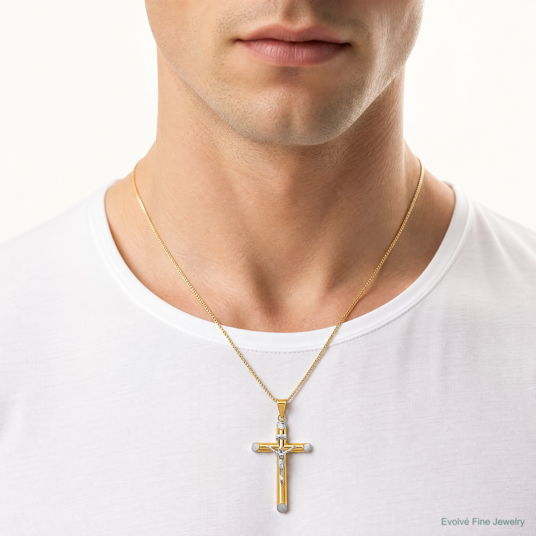 14K Two-Tone w/Rhodium Inri Crucifix Pendant - Model Shot