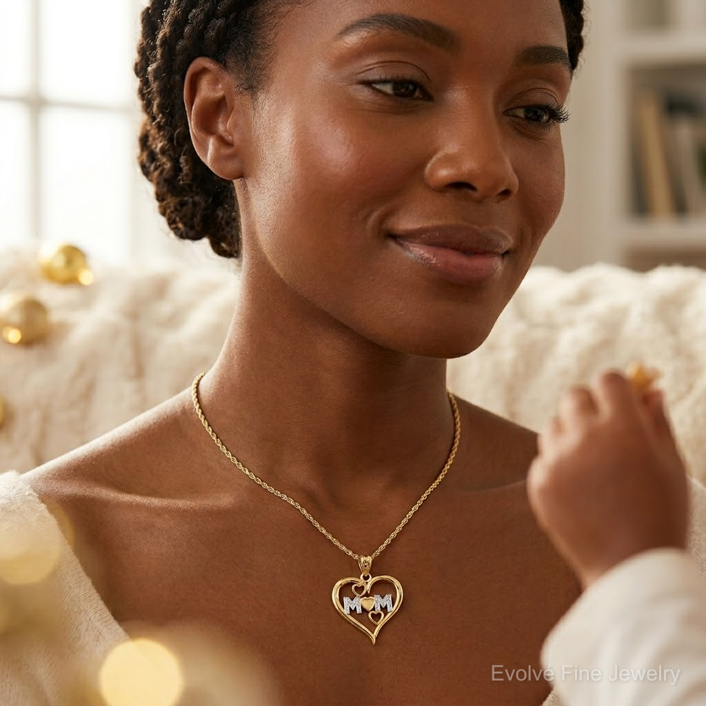 14k and White Rhodium Diamond-cut Mom Heart Pendant - Model Shot