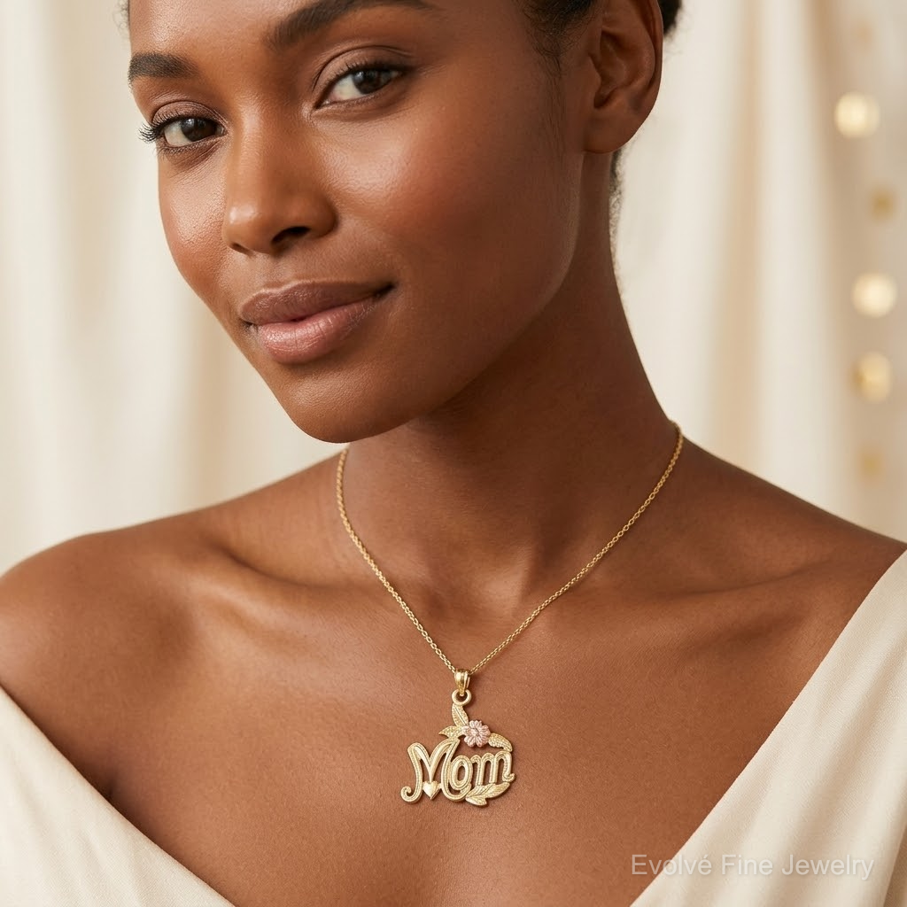 14K Two-tone Polished MOM and Flower Pendant - Model Shot