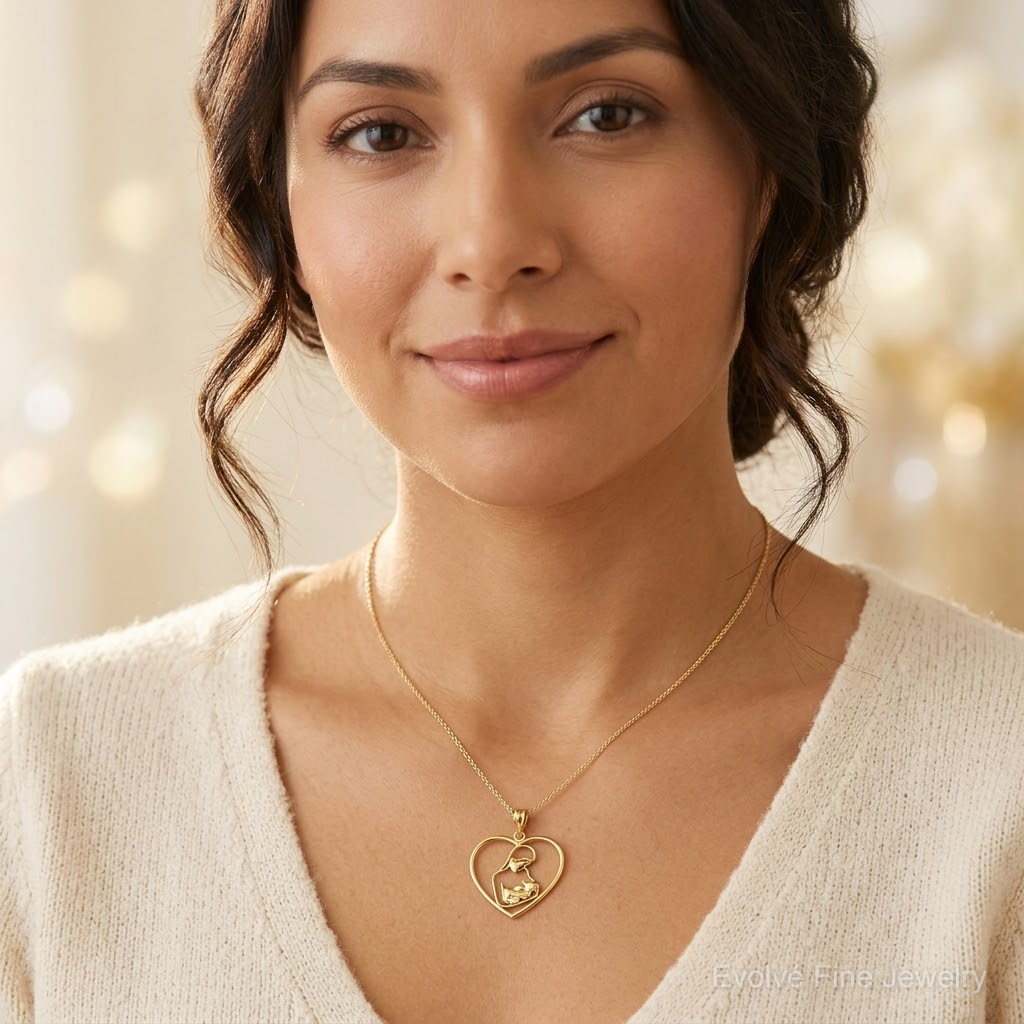 14k Mother and Child in Heart Pendant - Model Shot