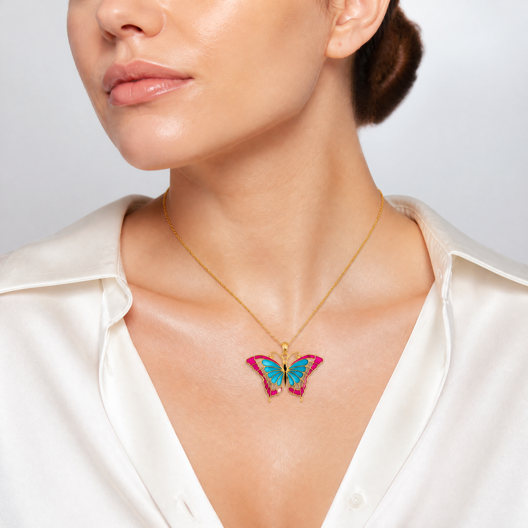 14K Blue and Red Enameled Butterfly Pendant - Model Shot
