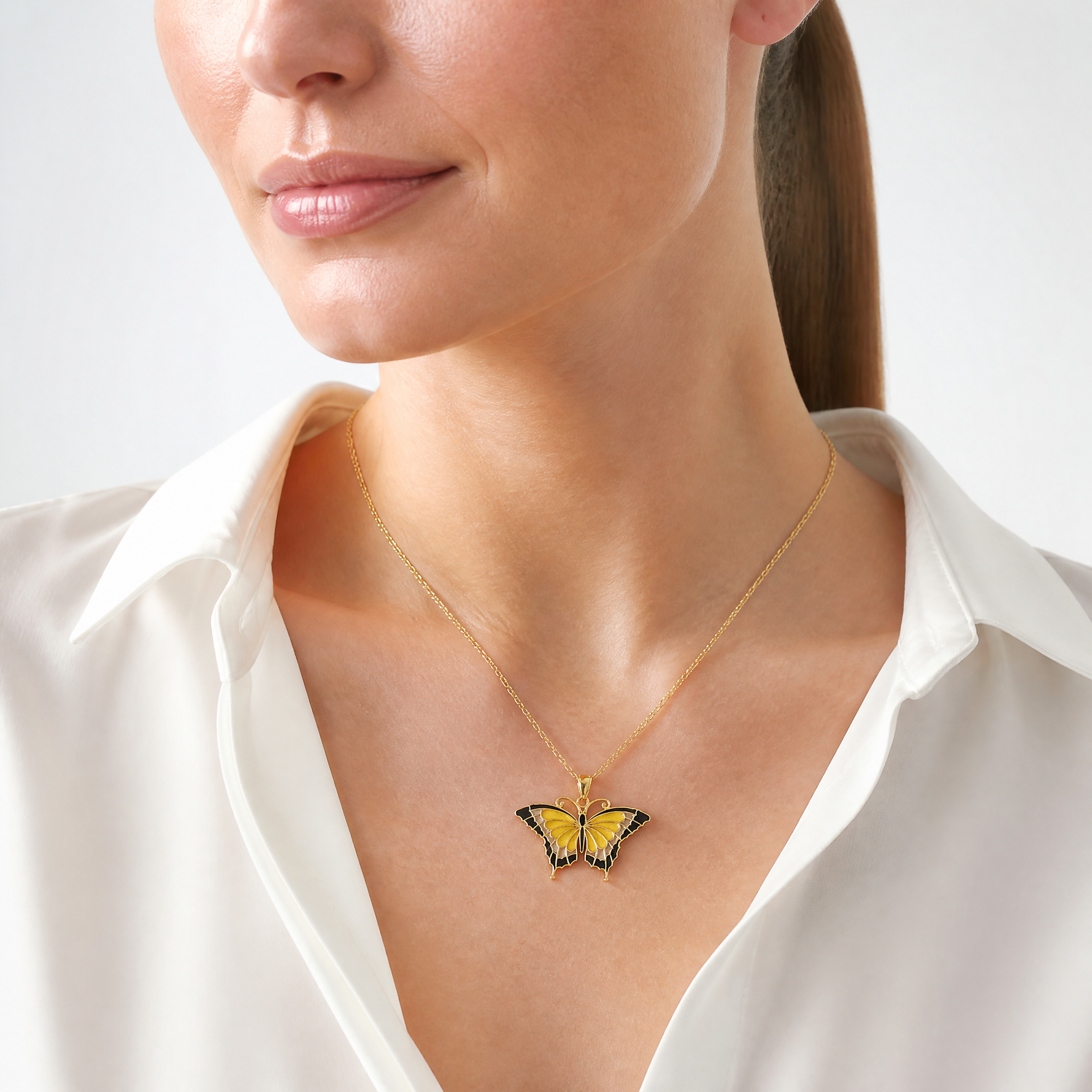 14K Yellow Enameled Butterfly Pendant - Model Shot