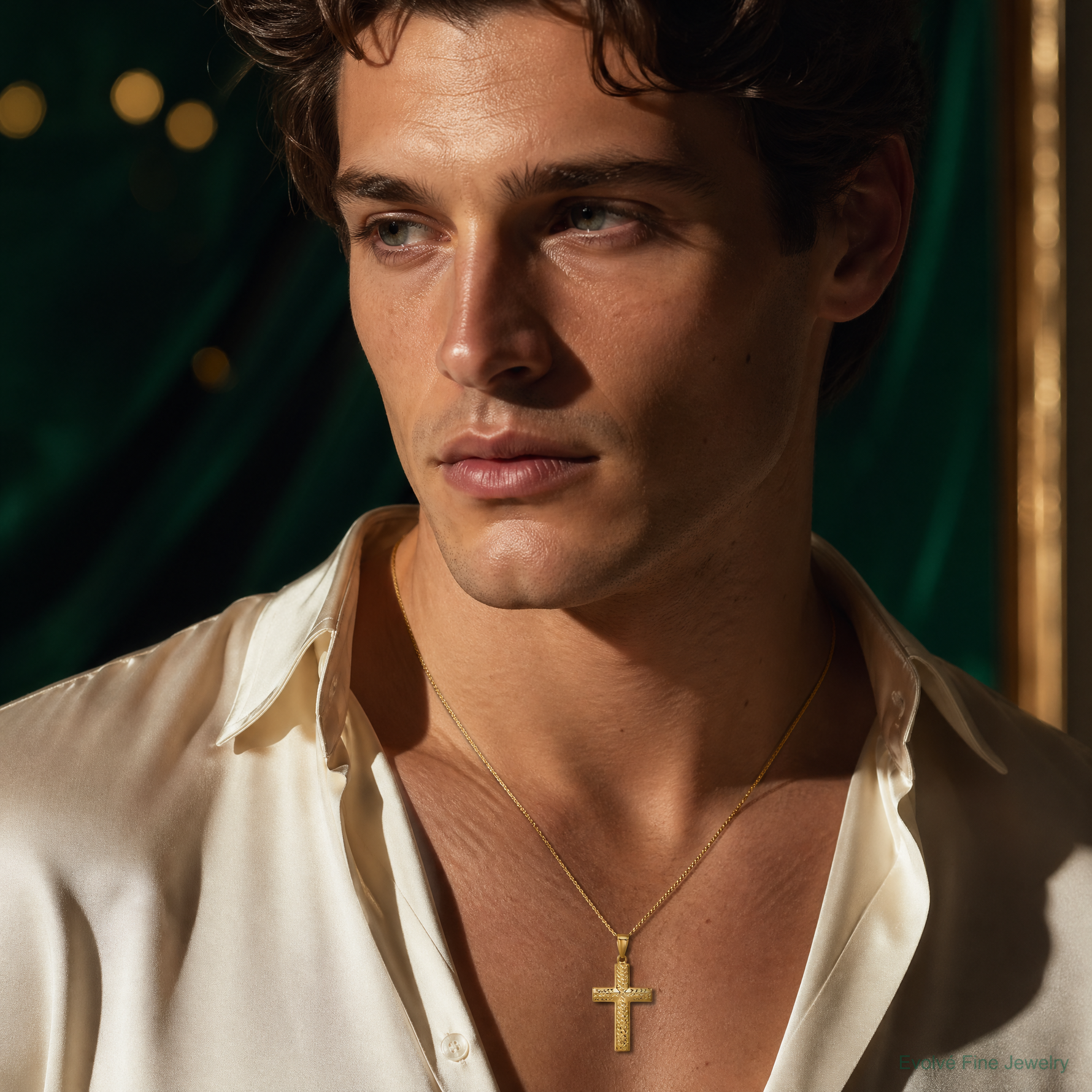 14K Reversible Textured/Polished Cross Pendant - Model Shot