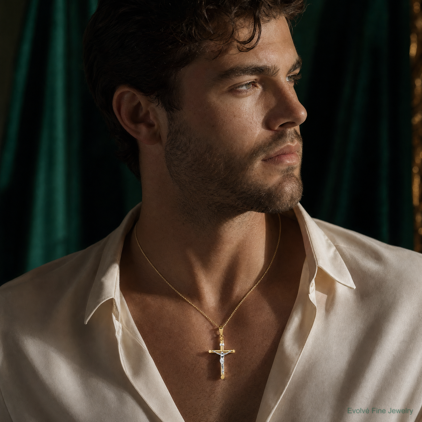 14k Two-tone Hollow Crucifix Pendant - Model Shot