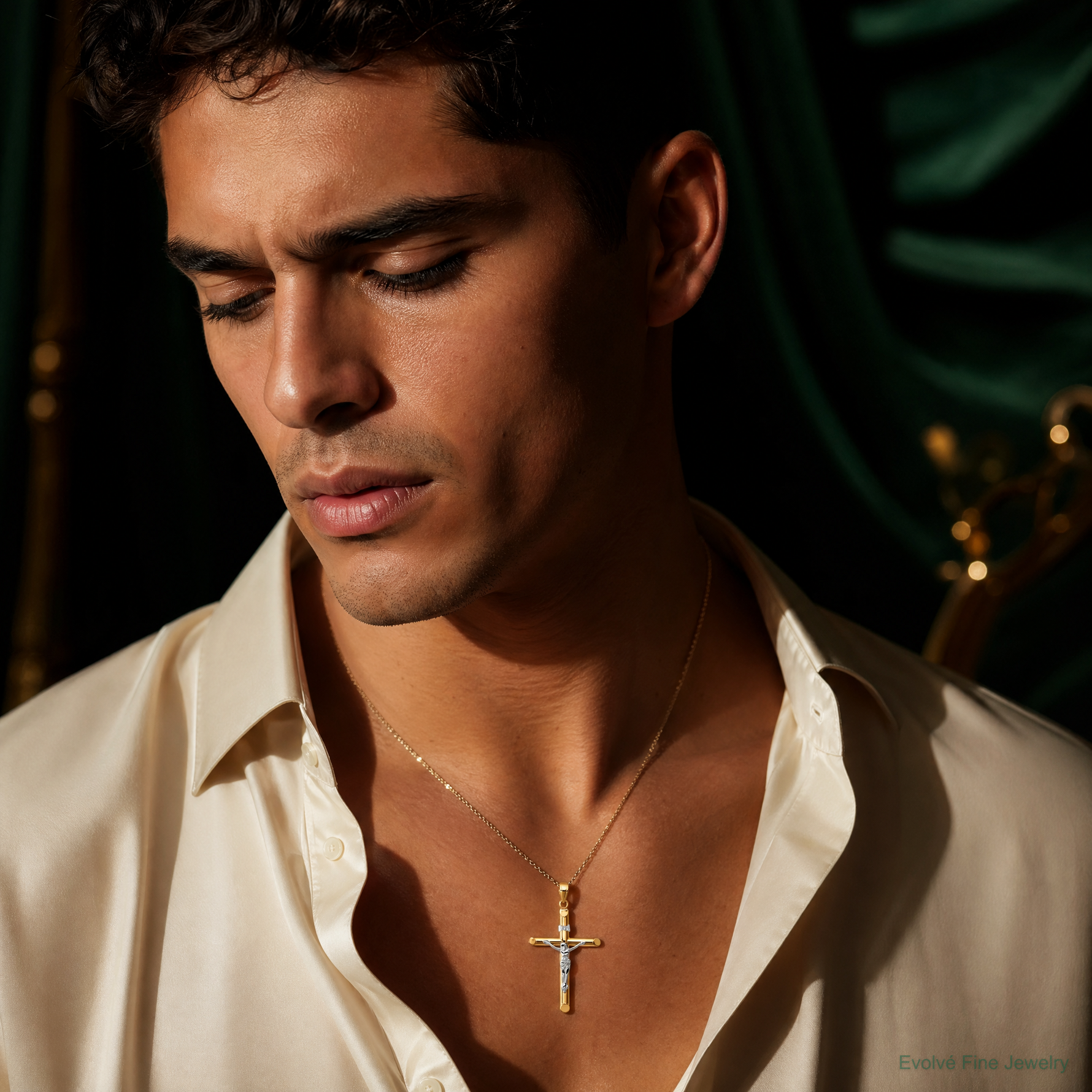 14k Two-tone Hollow Crucifix Pendant - Model Shot