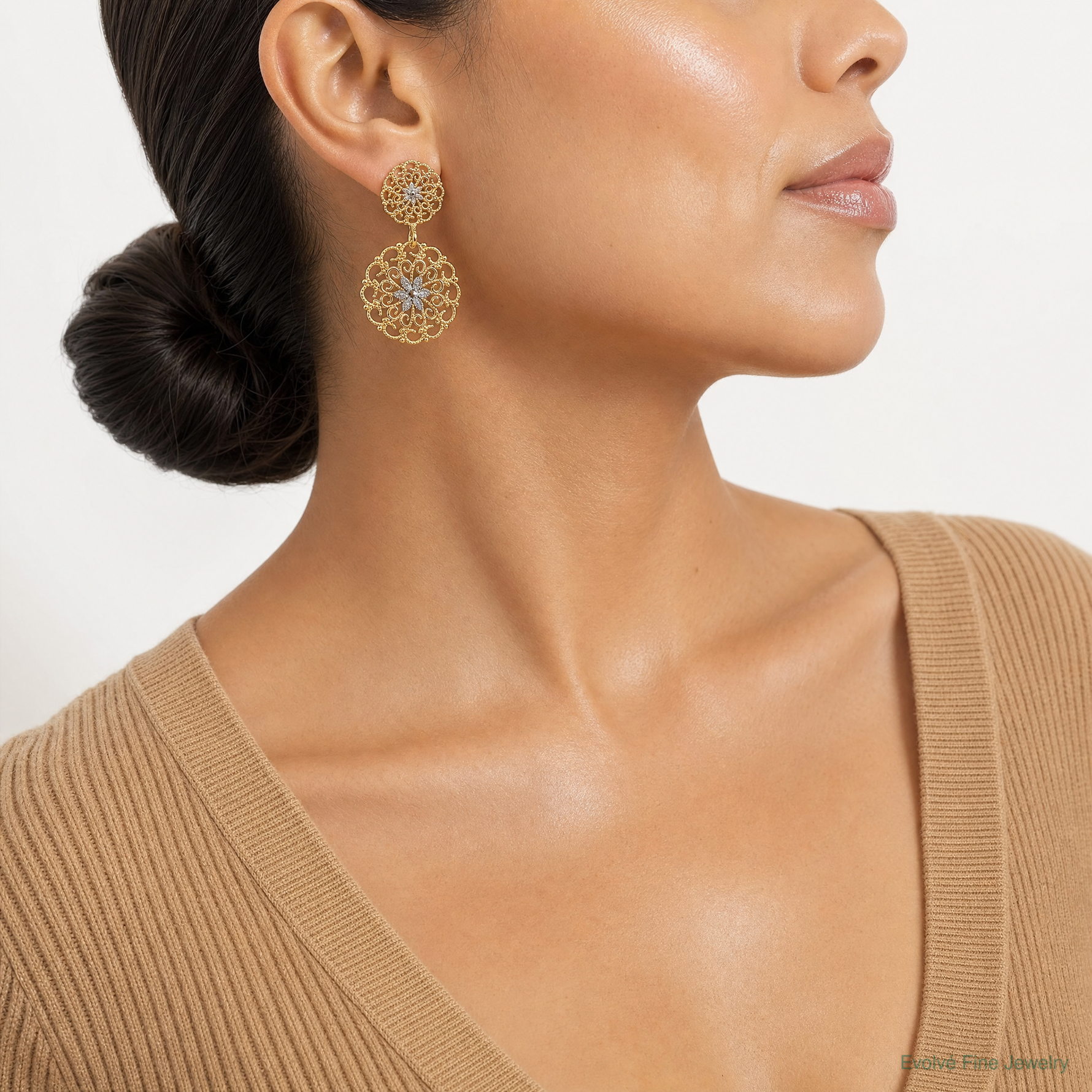 14K w/Rhodium D/C Filigree Medallion Drop Post Earrings - Model Shot