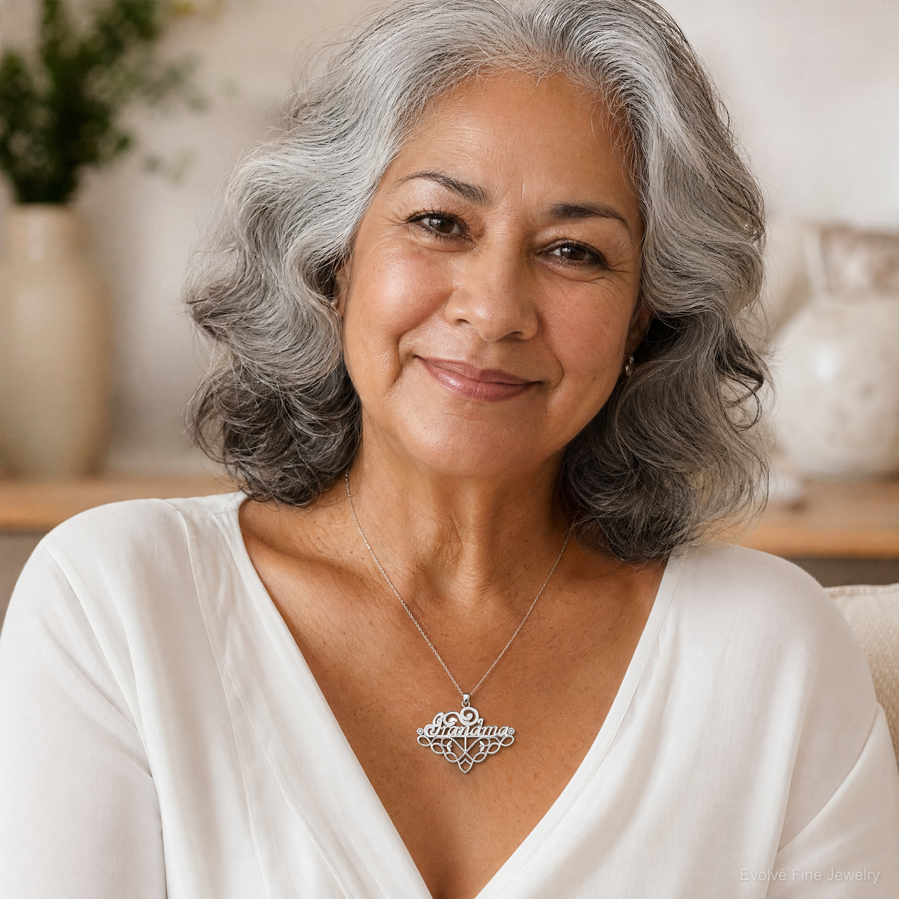 14k White Gold GRANDMA Birthstone Charm Holder Pendant - Model Shot