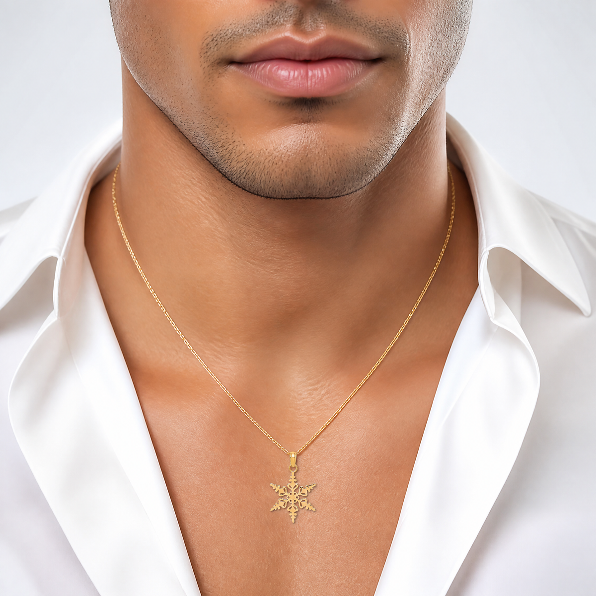 14k Polished Snowflake Charm - Model Shot