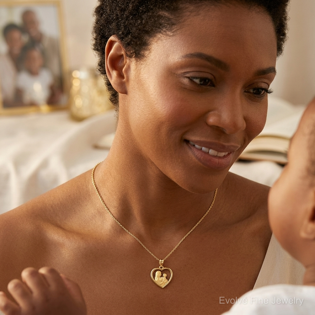 14k Polished and Satin Mom/Baby Heart Charm - Model Shot