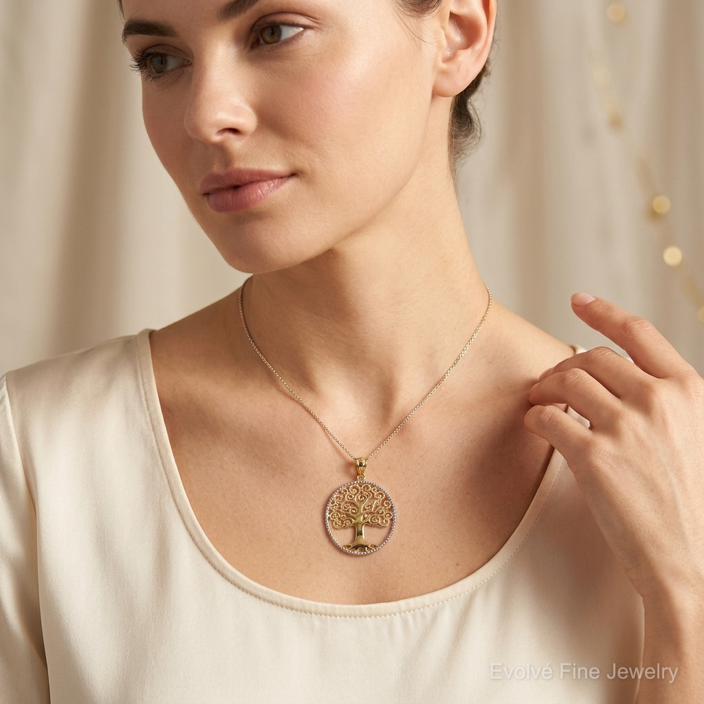 14k w/Rhodium Filigree Tree of Life Pendant - Model Shot