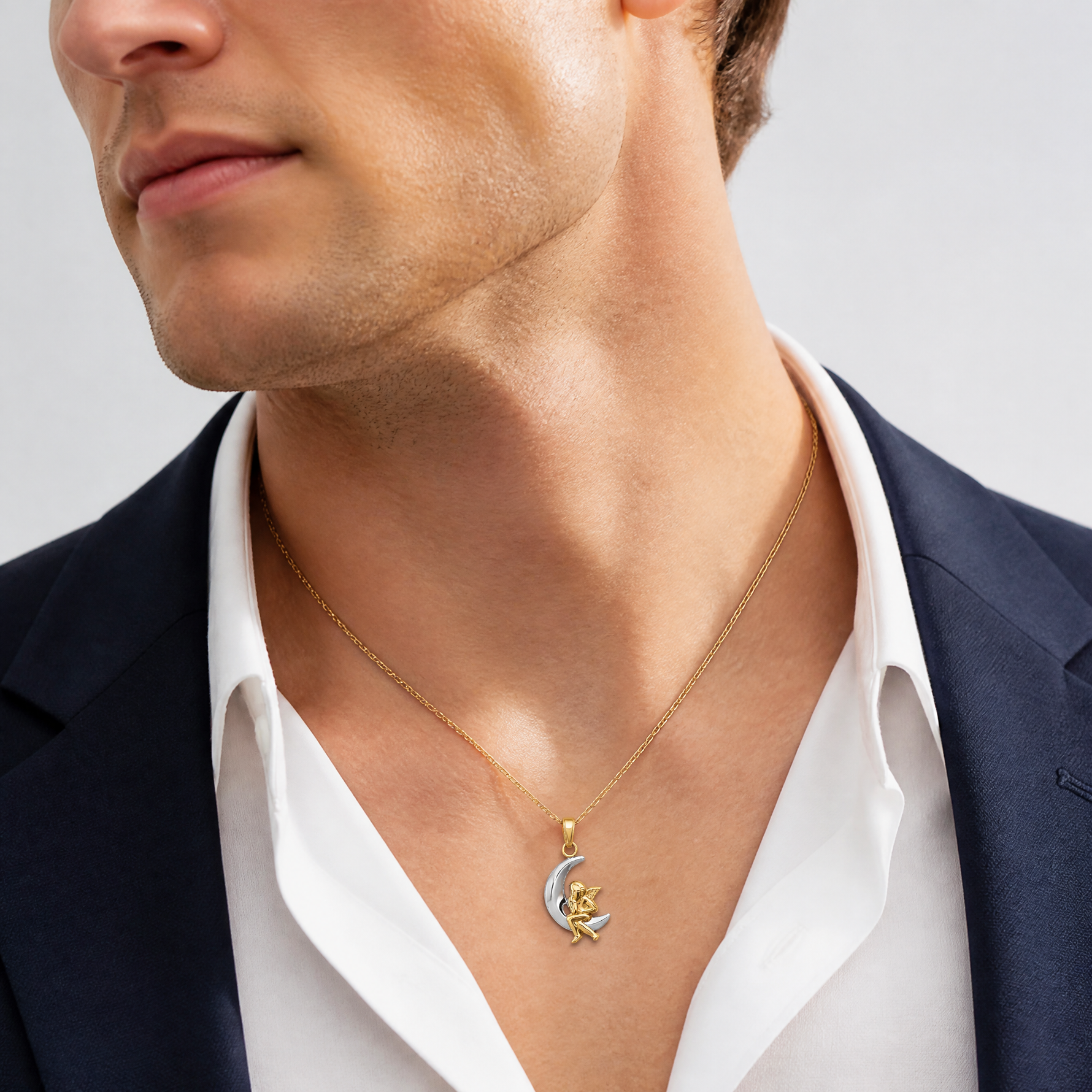 14k and Rhodium Polished Moon w/ Angel Pendant - Model Shot