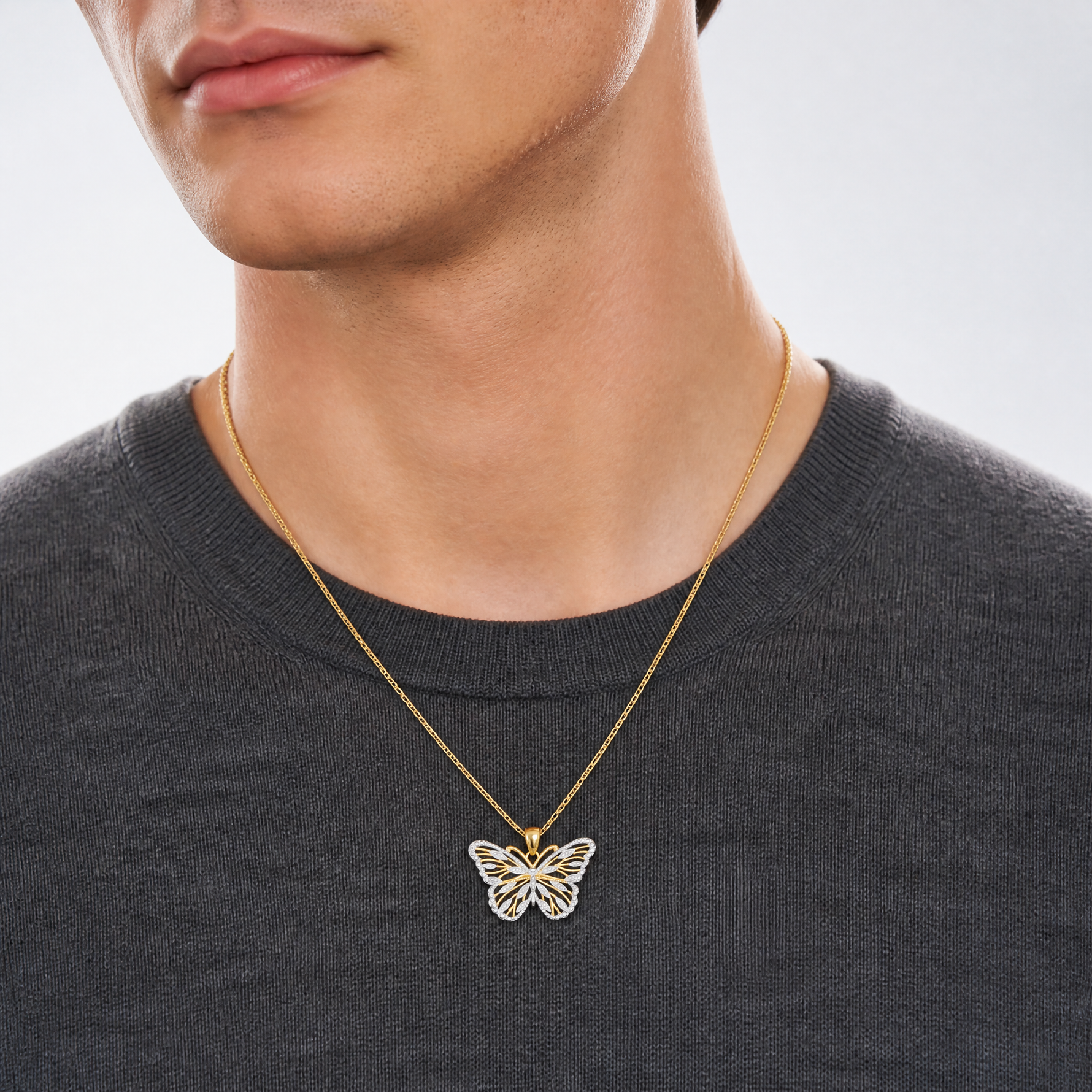 14k and Rhodium Butterfly Pendant - Model Shot