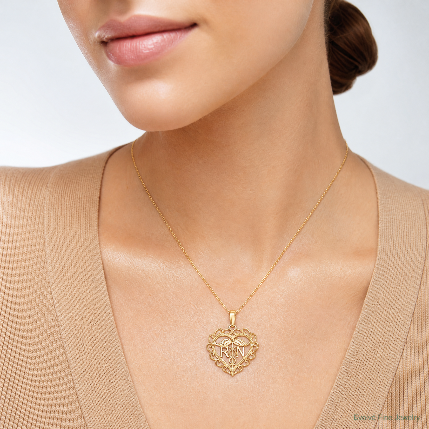 14k RN Registered Nurse Heart Pendant - Model Shot