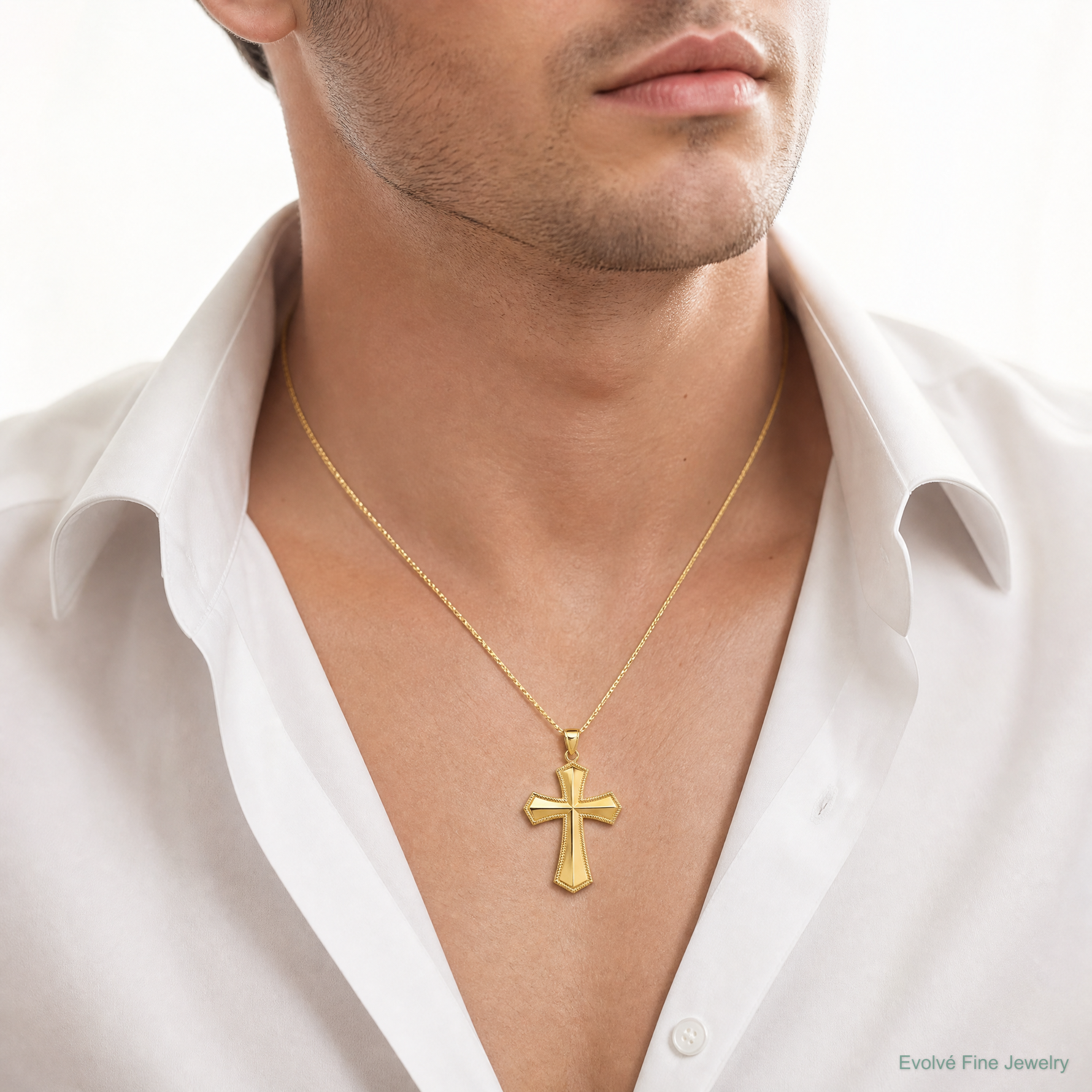 14k Passion Cross Pendant - Model Shot