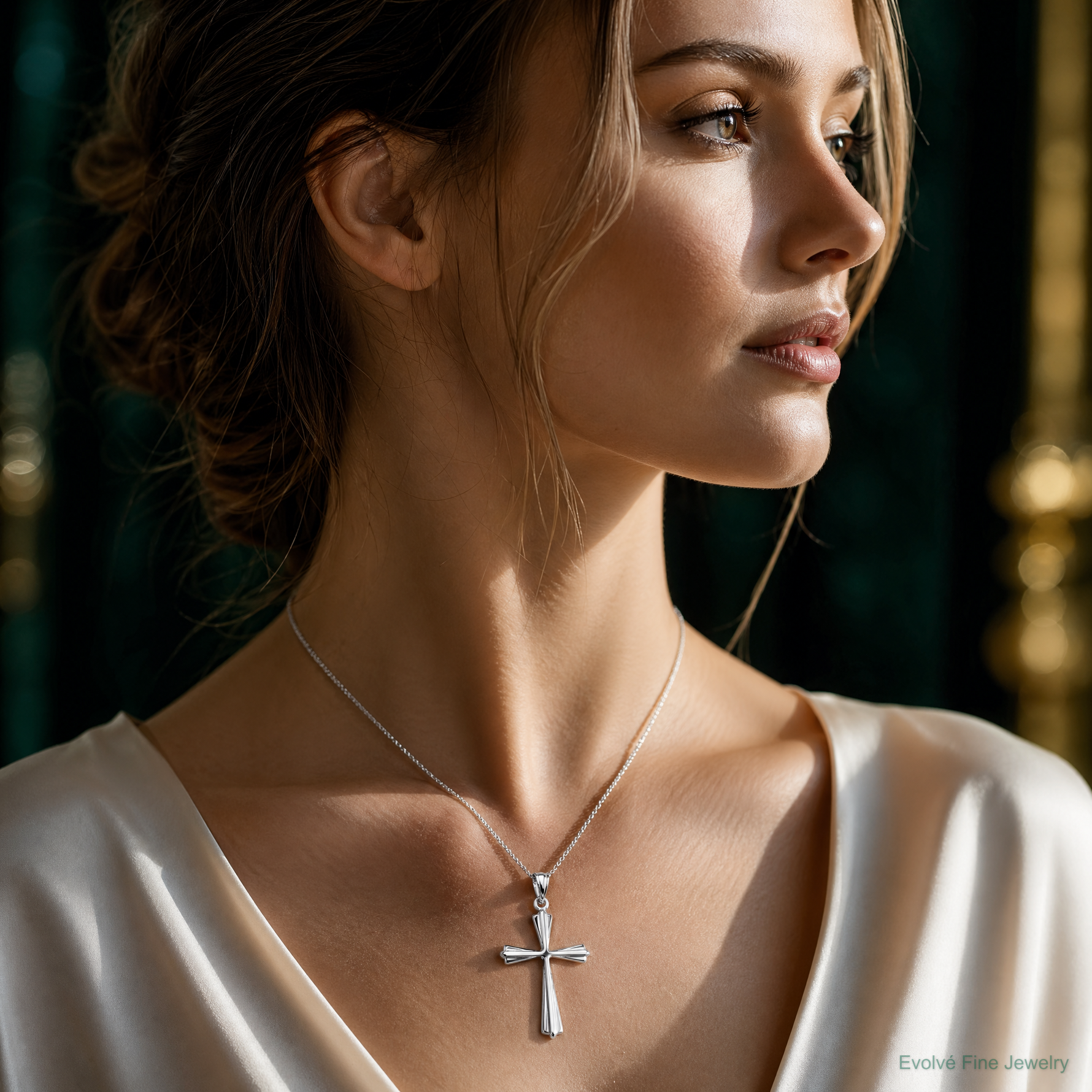 14k White Gold Polished Cross Pendant - Model Shot