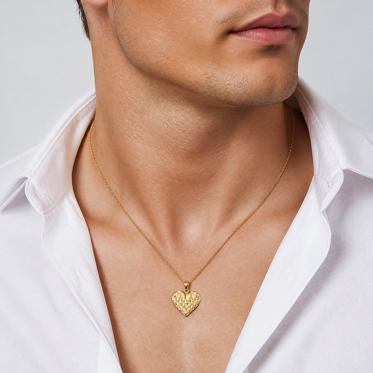 14K Polished Basket Weave Pattern 3-D Heart Pendant - Model Shot