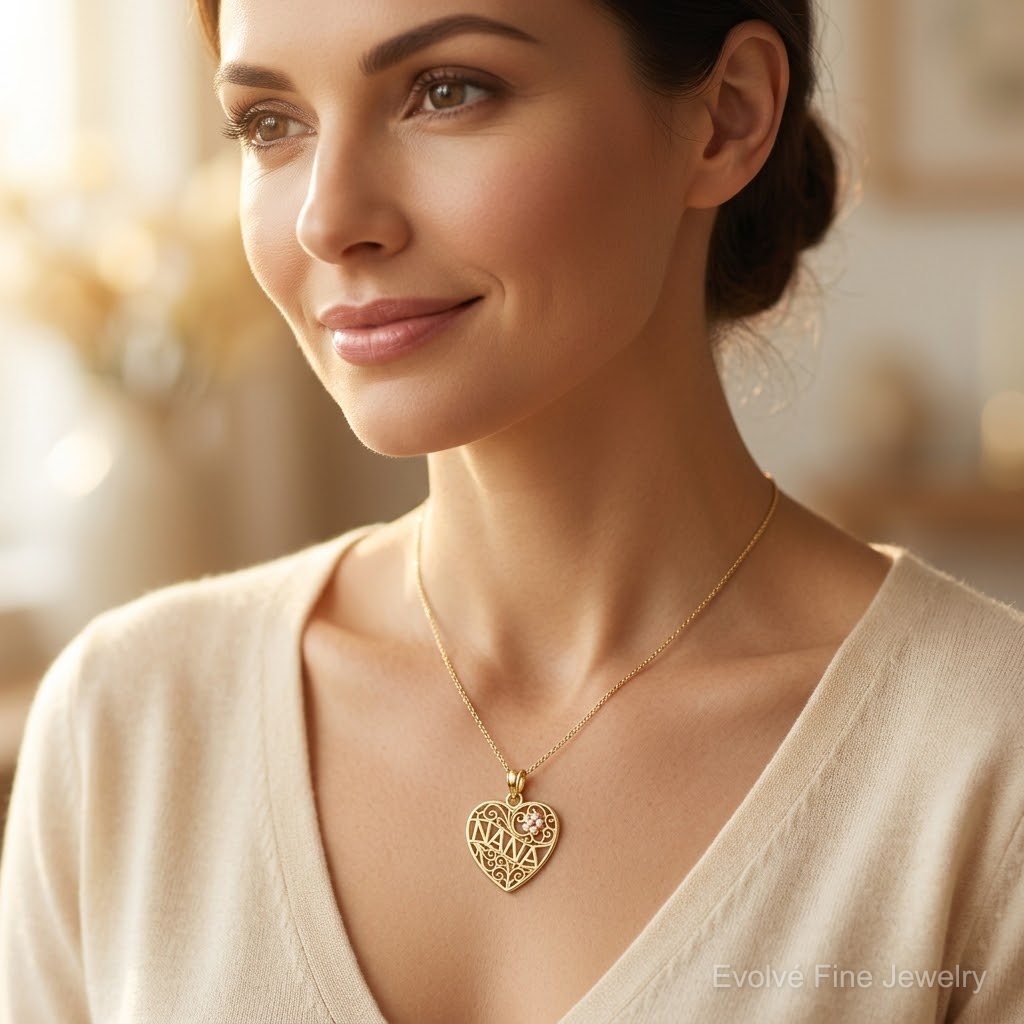 14K Two-tone Polished NANA w/Flower on Heart Pendant - Model Shot