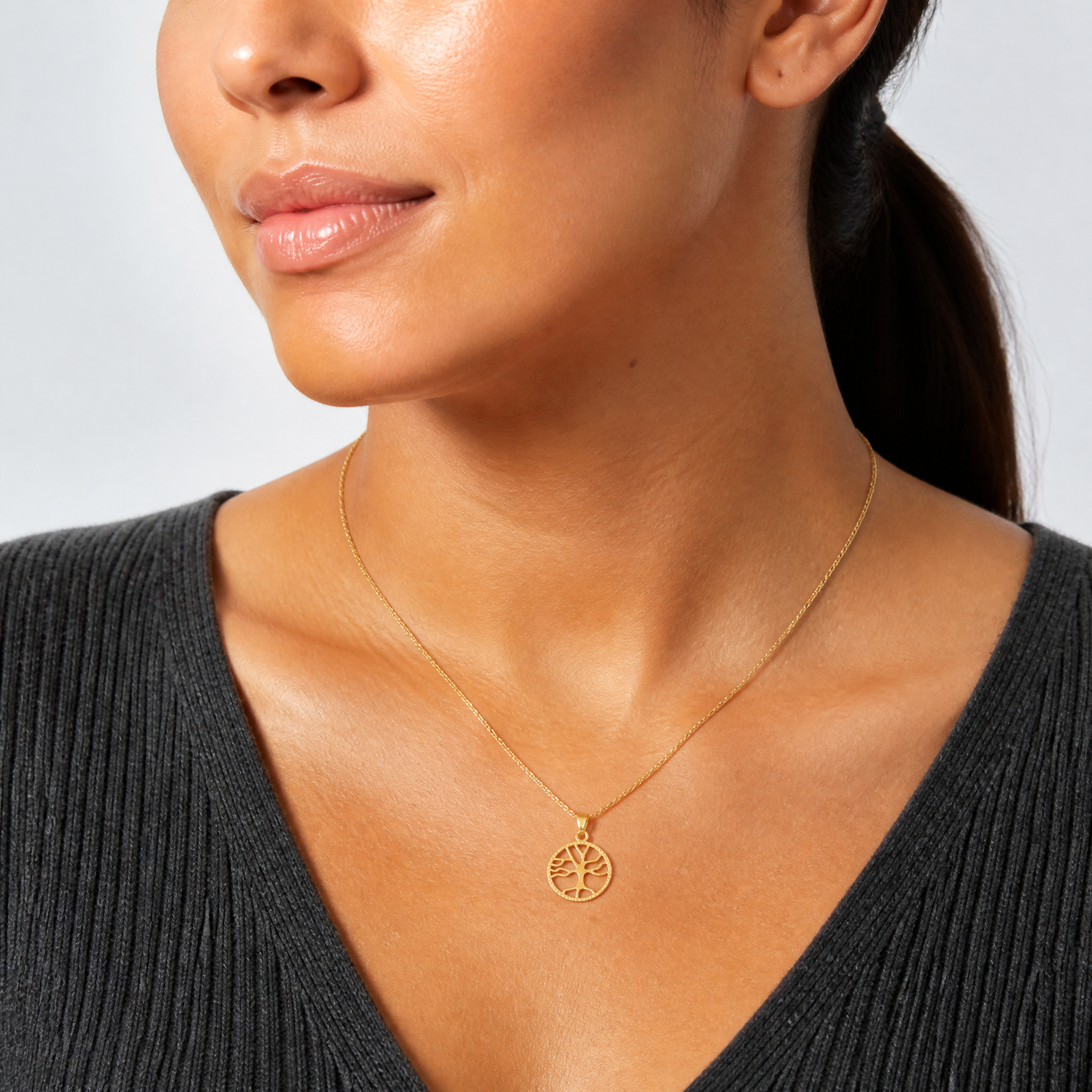 14K Gold Polished Small Tree of Life in Round Pendant - Model Shot
