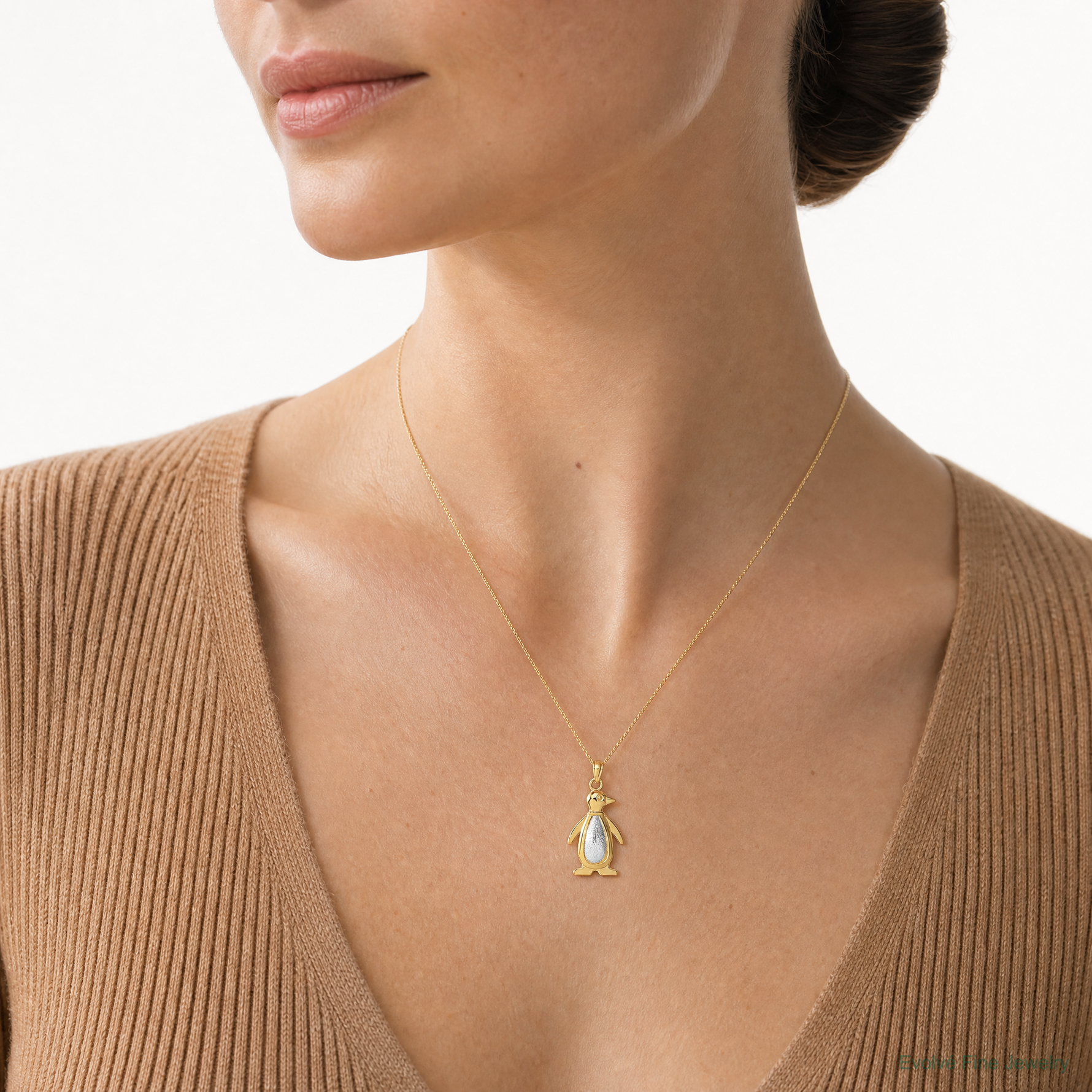 14K Yellow and White Gold Polished/Textured Penguin Pendant - Model Shot