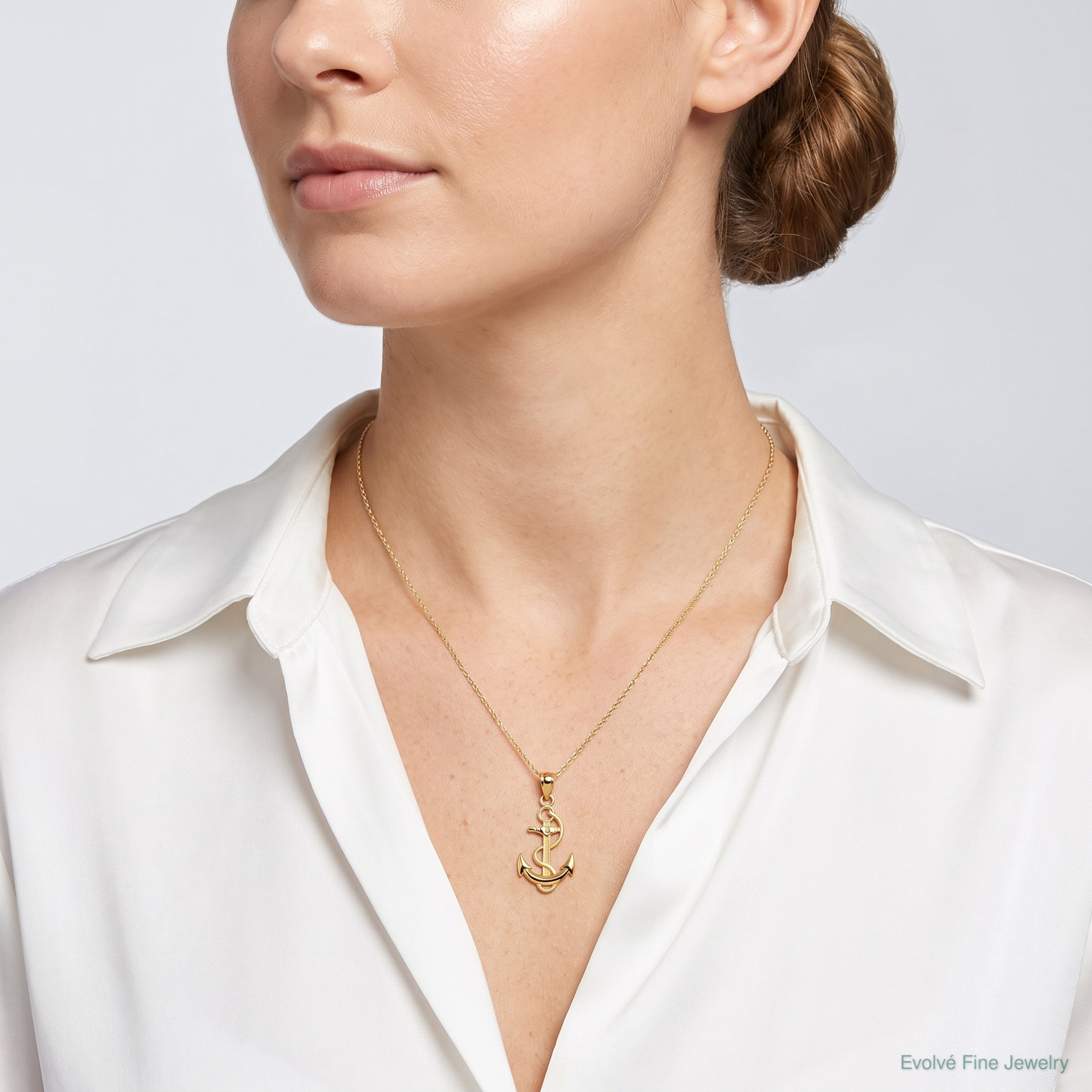 14k Polished Anchor with Textured Rope Pendant - Model Shot
