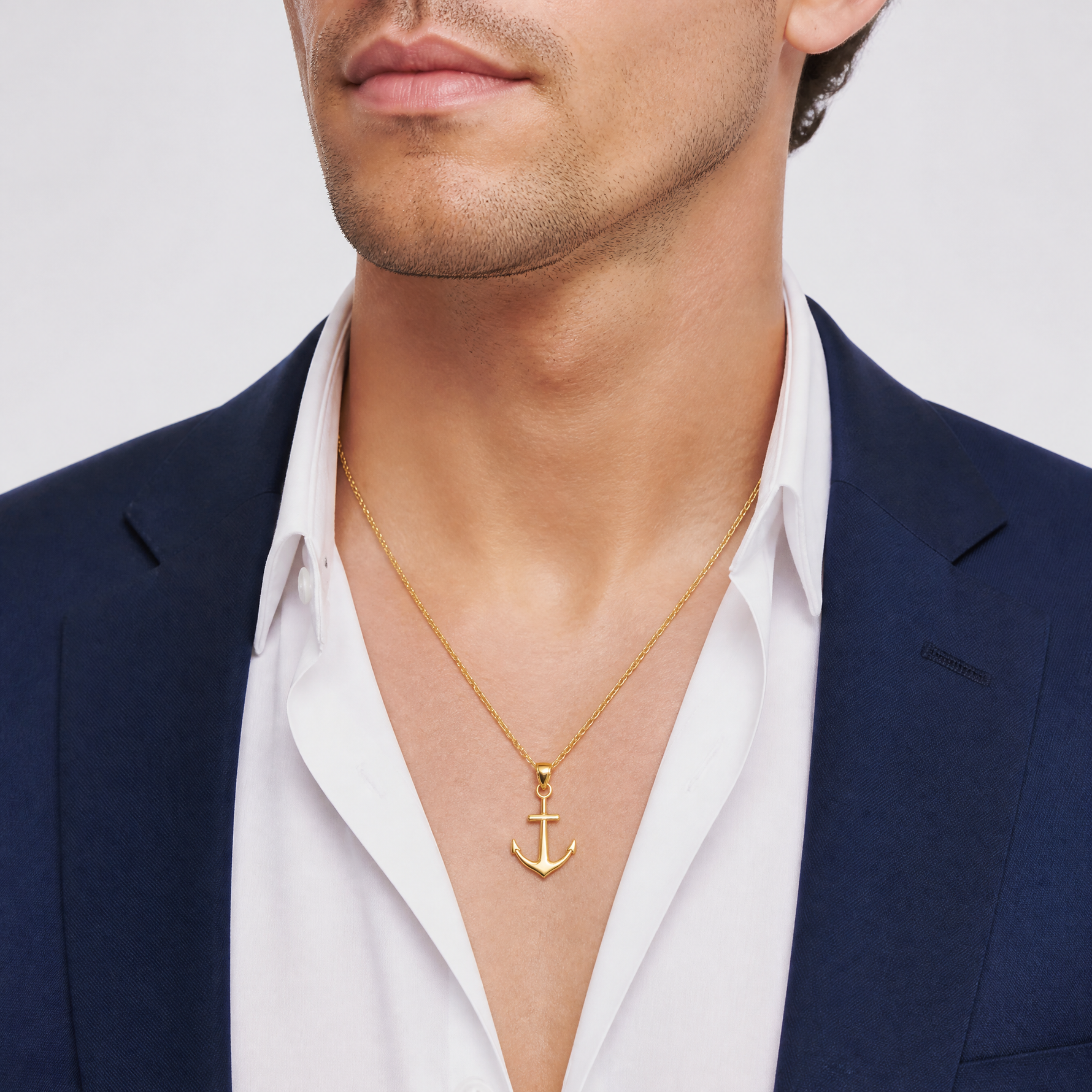 14K Gold Polished Anchor Pendant - Model Shot