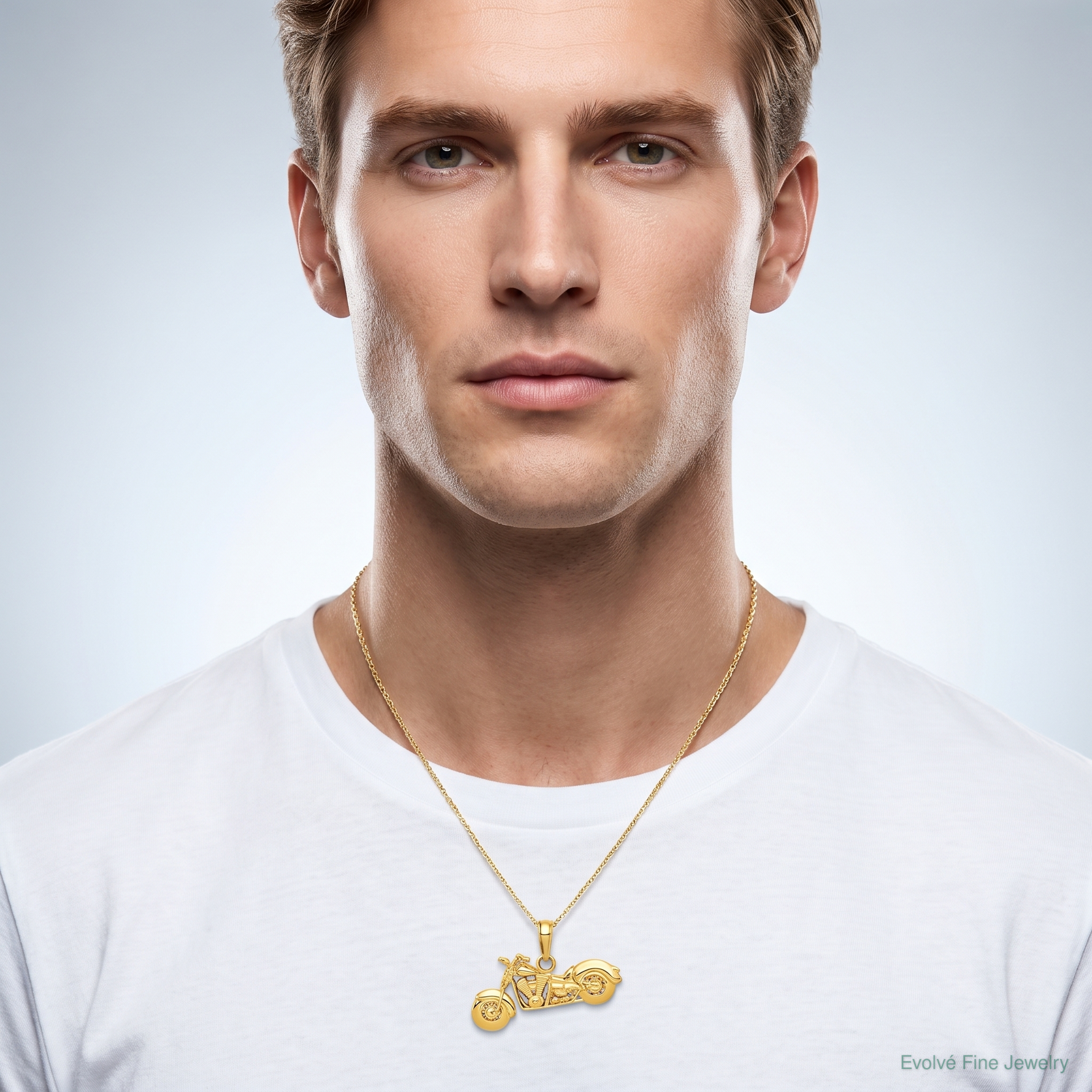 14K Gold Polished / Textured 3-D Motorcycle Pendant - Model Shot
