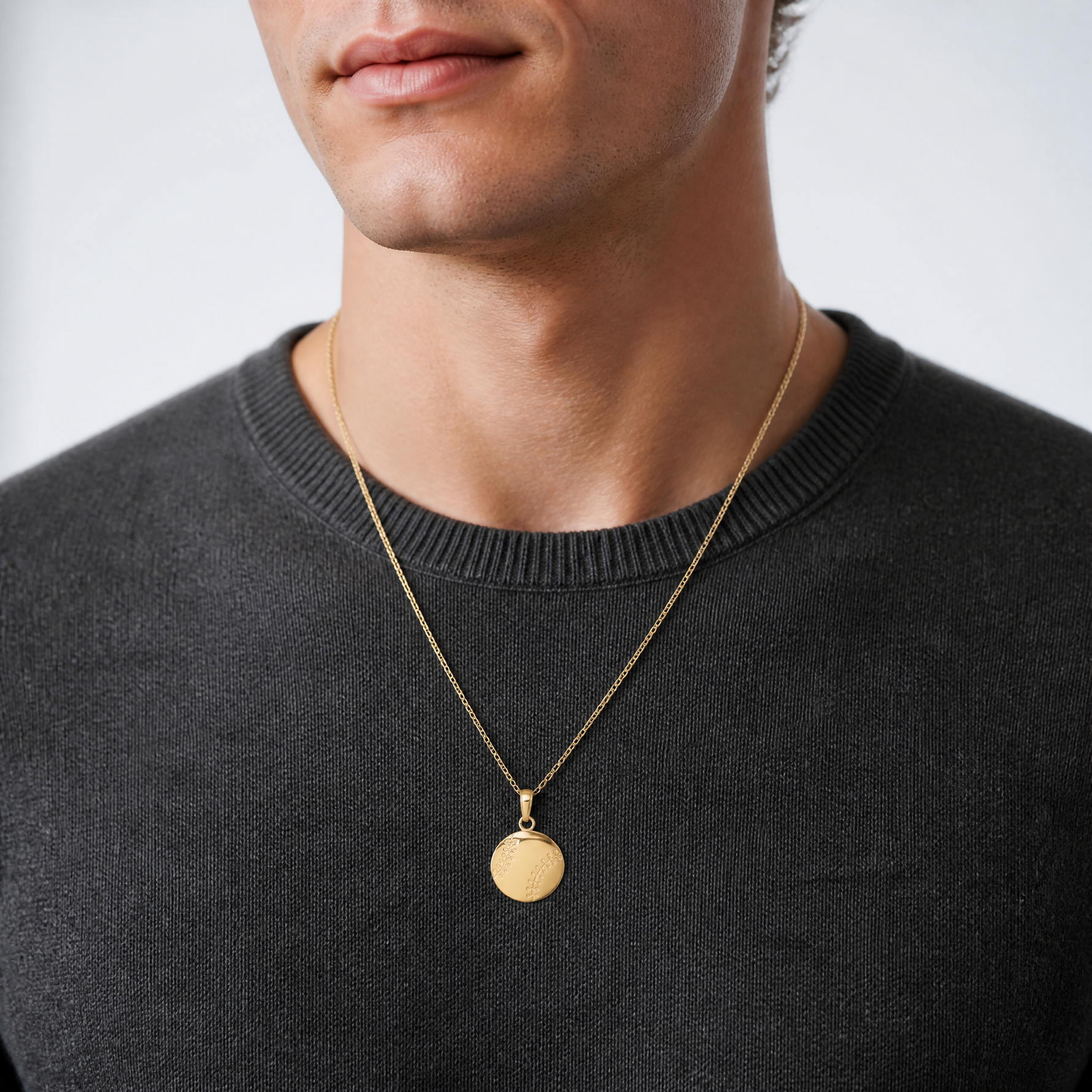 14K Gold Polished Baseball Closed Back Pendant - Model Shot
