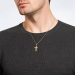 14K Polished Cross With Striped Border Pendant - Model Shot