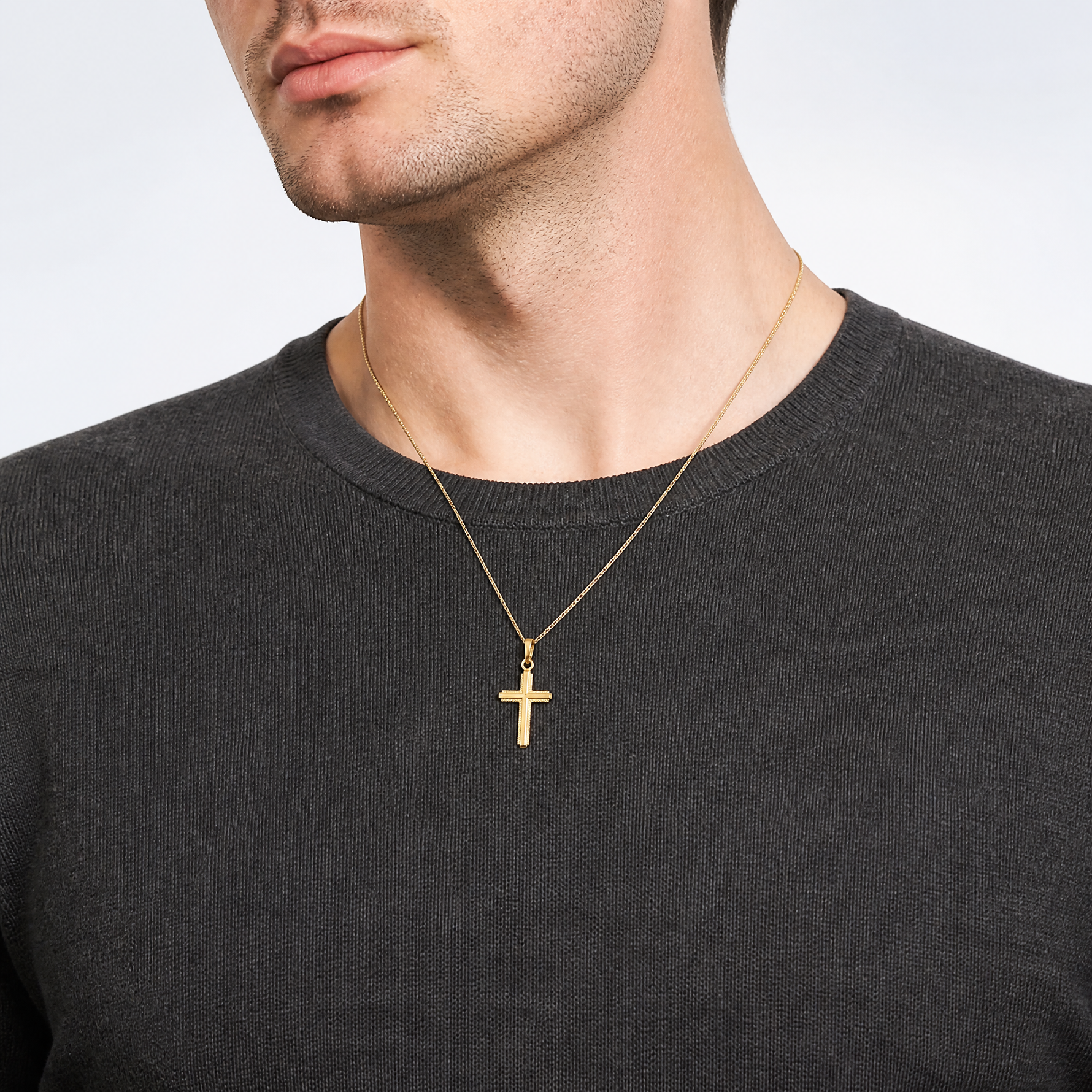 14K Polished Cross With Striped Border Pendant - Model Shot
