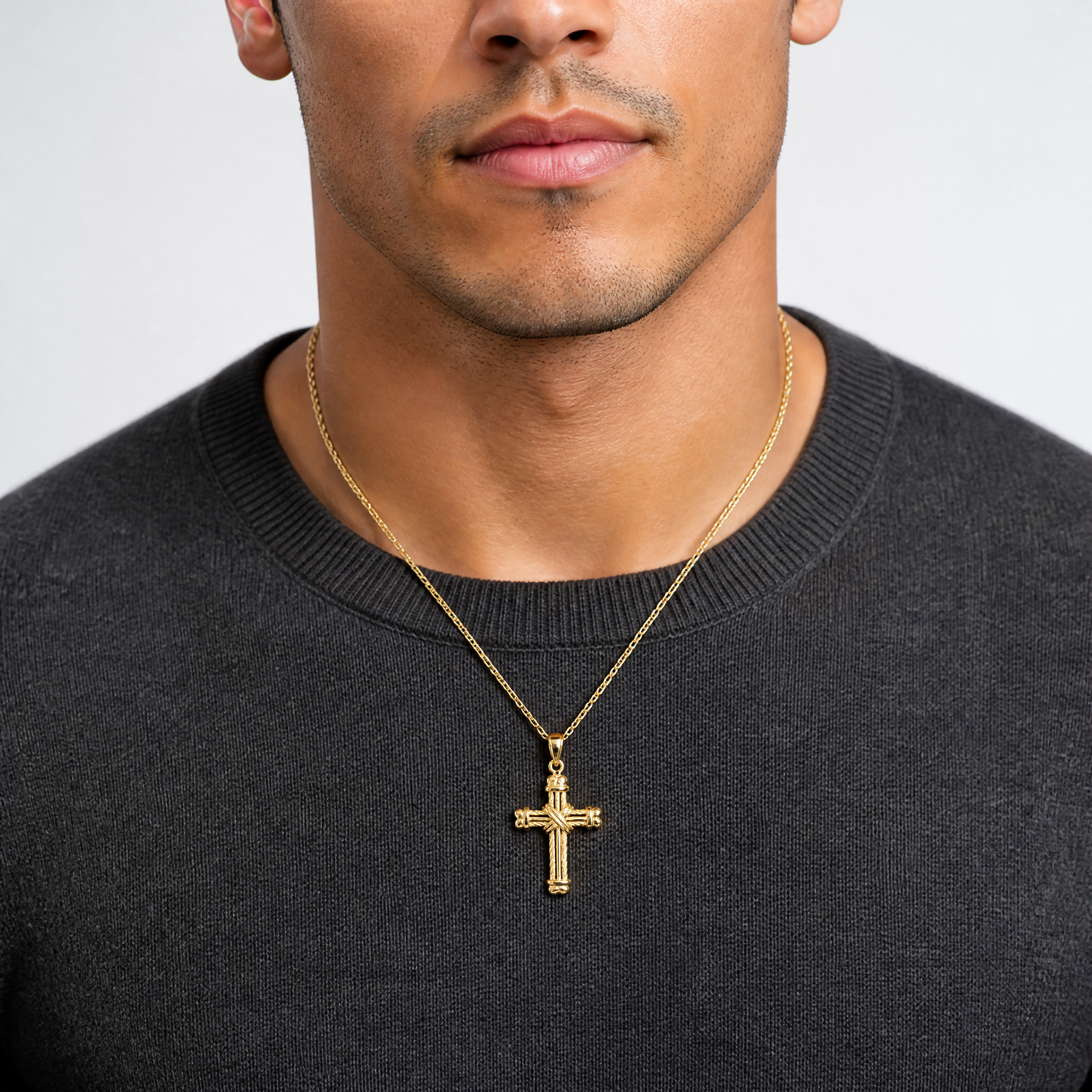 14K Gold Polished / Textured Cross Pendant - Model Shot