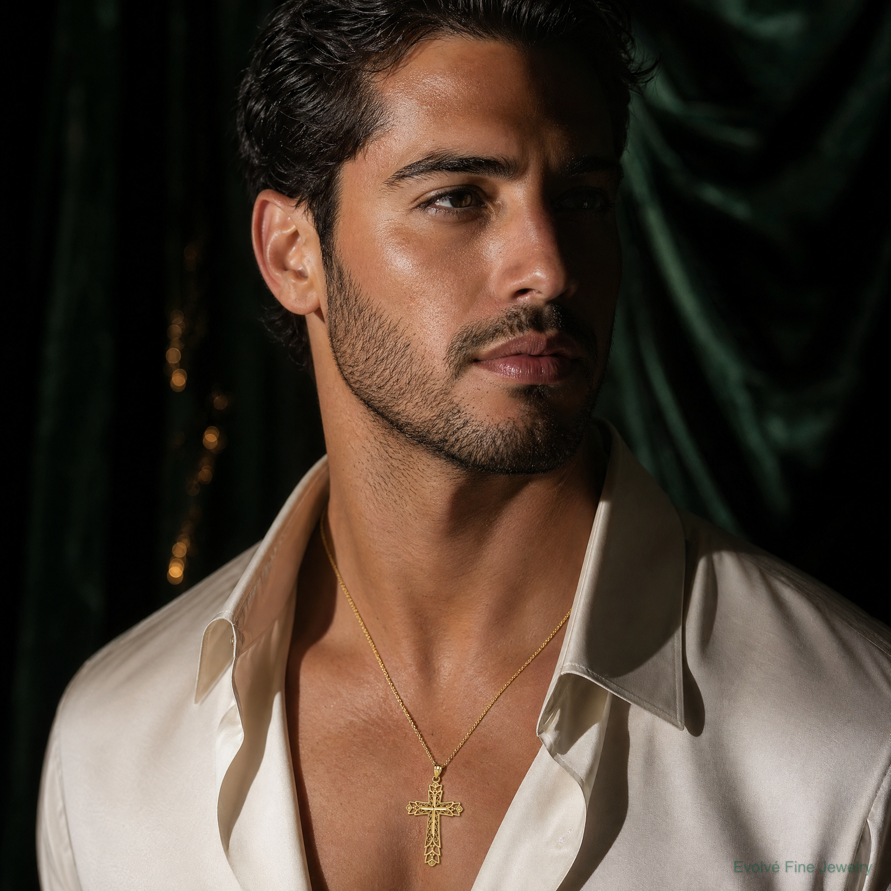 14k Gold Polished Filigree Cross Pendant - Model Shot