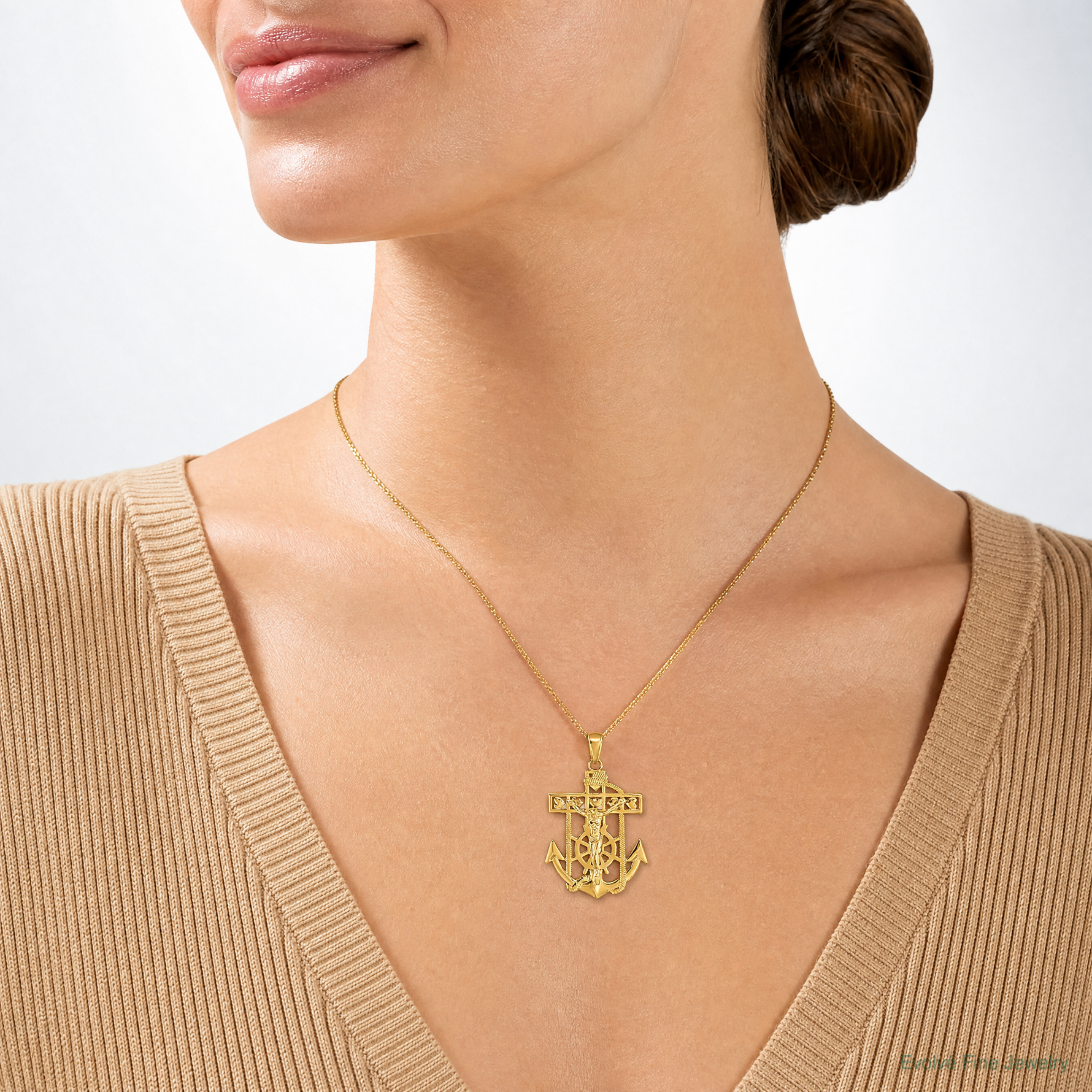 14K Polished Textured Mariners Crucifix Pendant - Model Shot